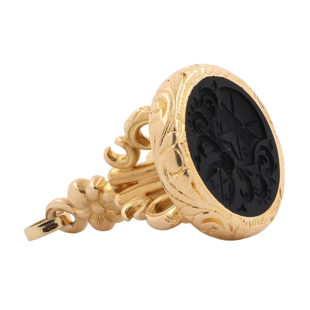 Antique Style 18K Yellow Gold Black Onyx Intaglio Seal Fob Pendant 20.5g