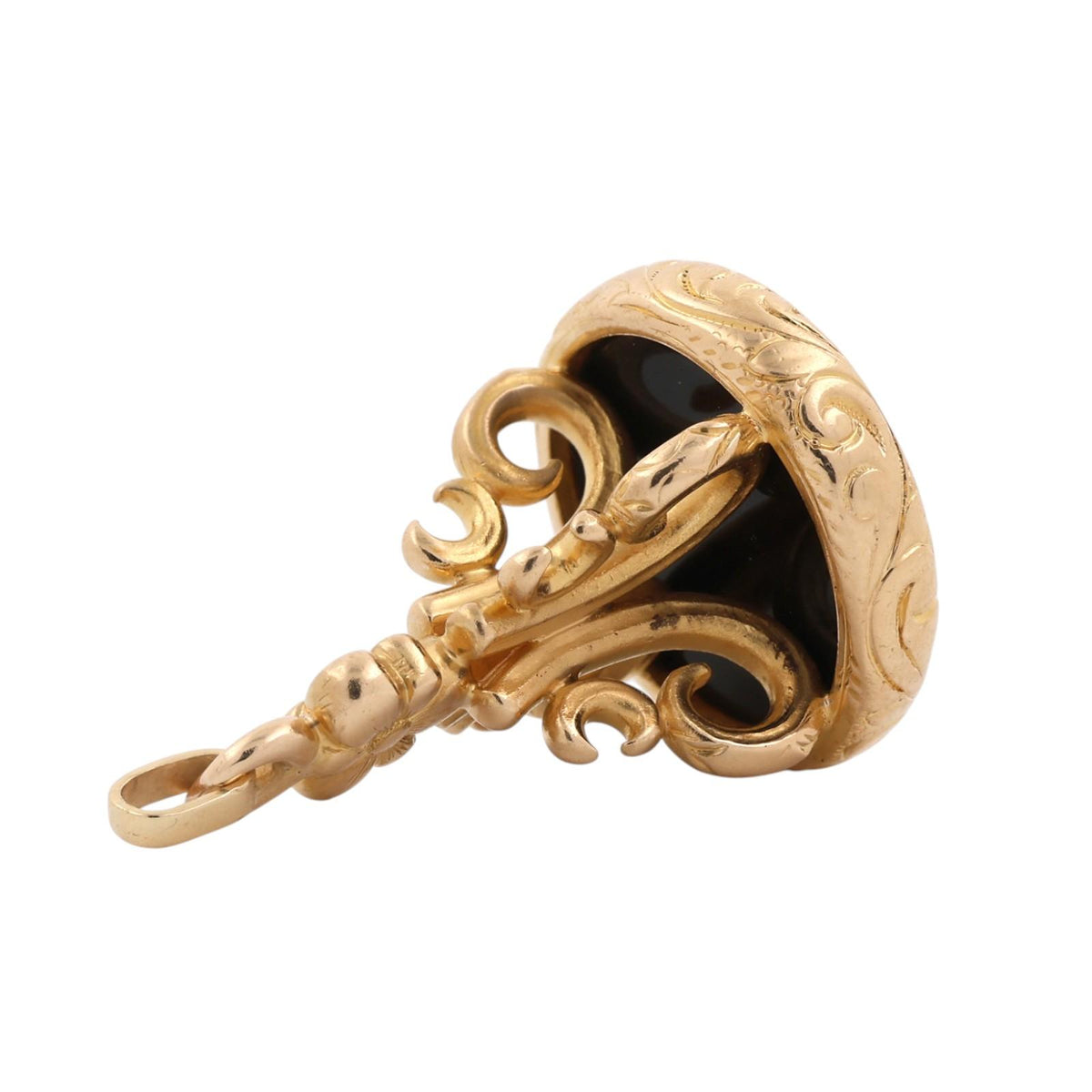 Antique Style 18K Yellow Gold Black Onyx Intaglio Seal Fob Pendant 20.5g
