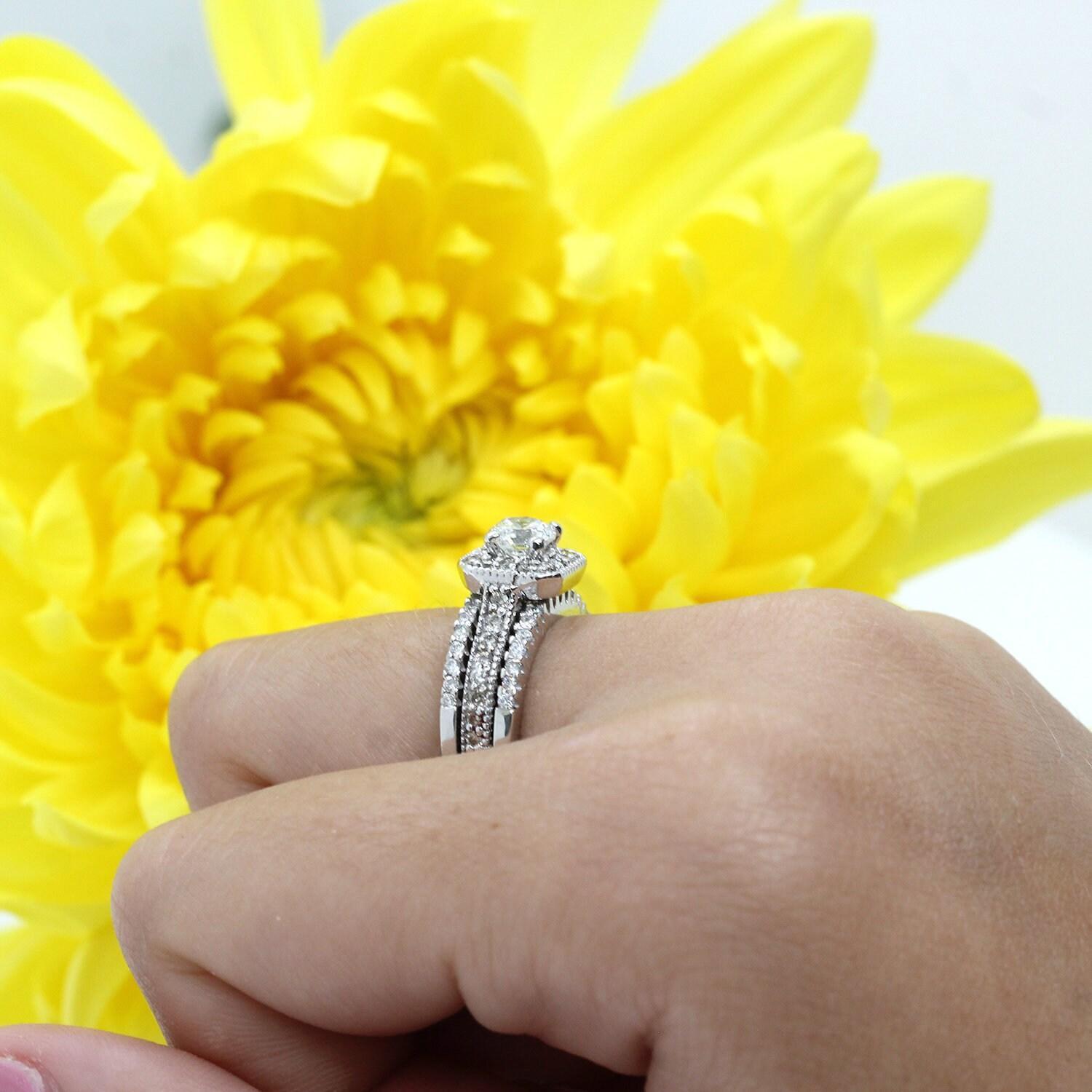 1.45 TW Round Diamond Halo Engagement Ring 14K & 10K White Gold Size 5.25