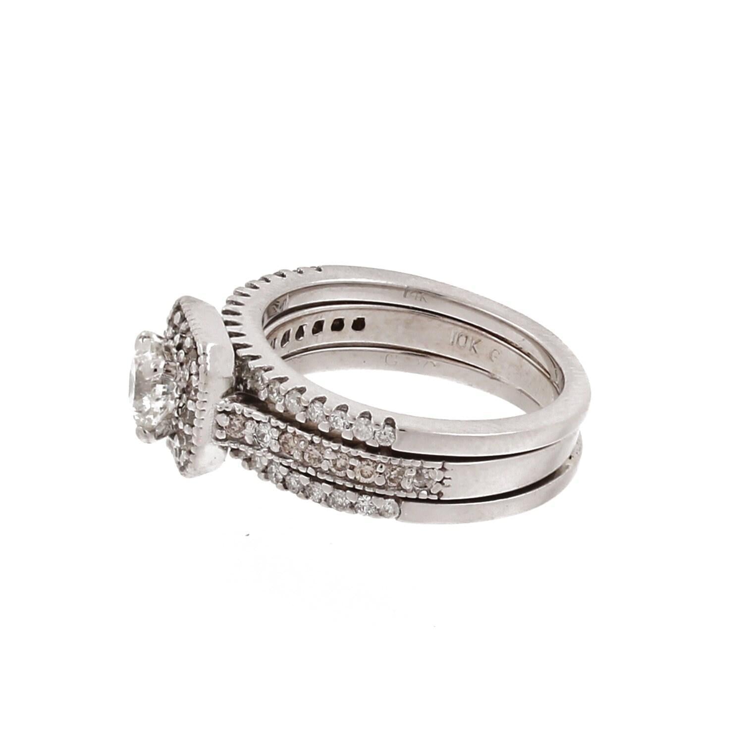 1.45 TW Round Diamond Halo Engagement Ring 14K & 10K White Gold Size 5.25