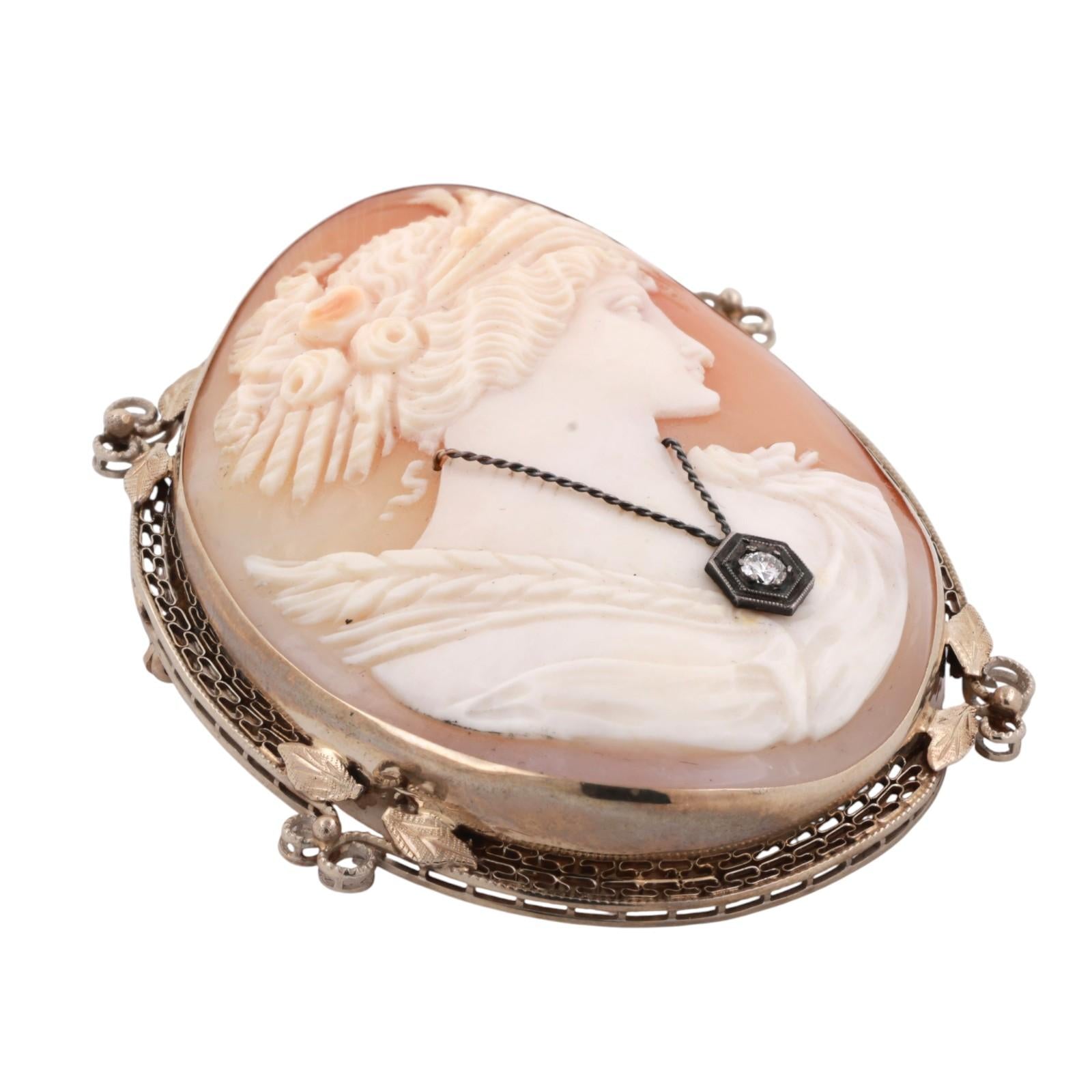 Vintage Cameo Brooch Pin 14K White Gold 0.10 CT Diamond Accent 2.40" Ladies