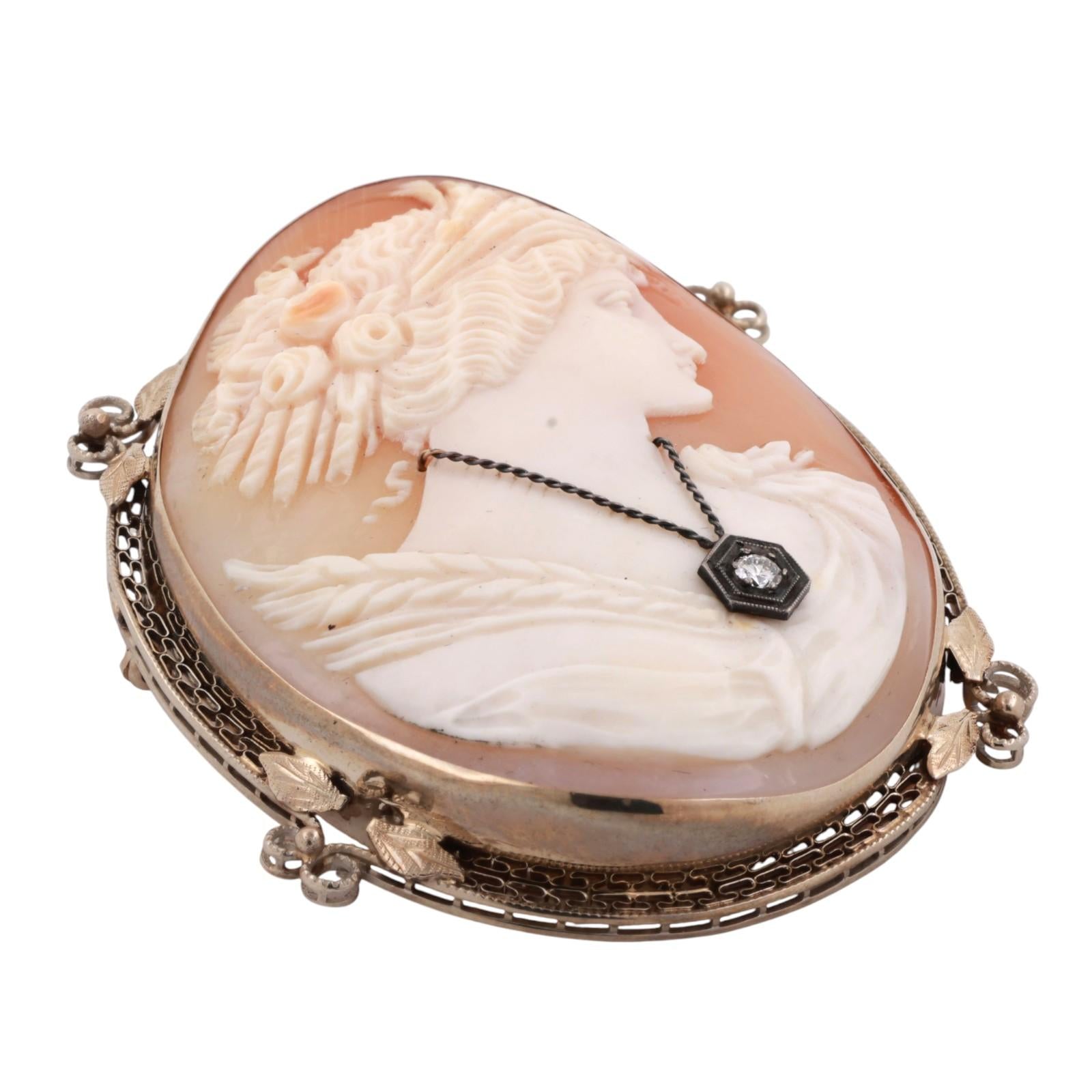 Vintage Cameo Brooch Pin 14K White Gold 0.10 CT Diamond Accent 2.40" Ladies