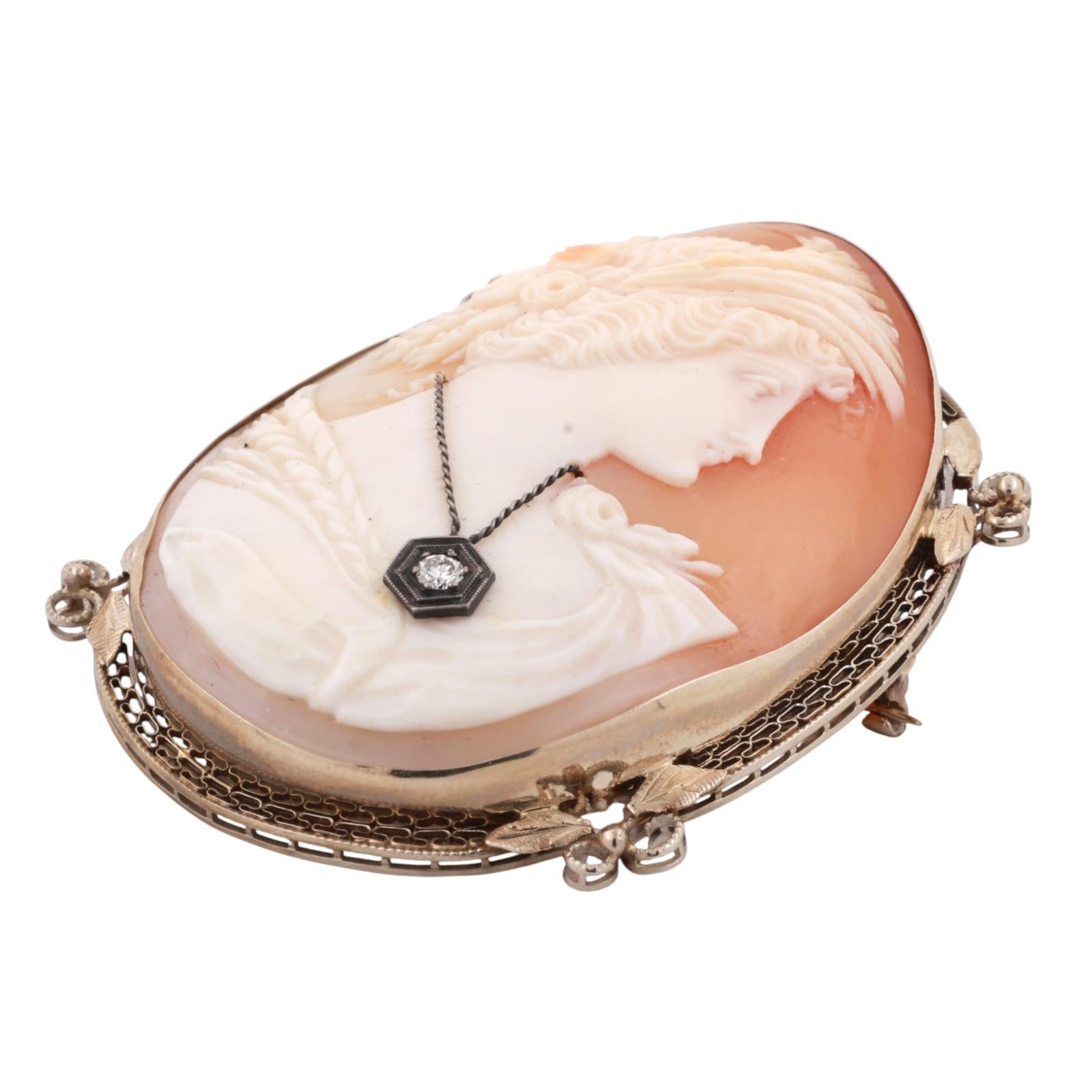 Vintage Cameo Brooch Pin 14K White Gold 0.10 CT Diamond Accent 2.40" Ladies