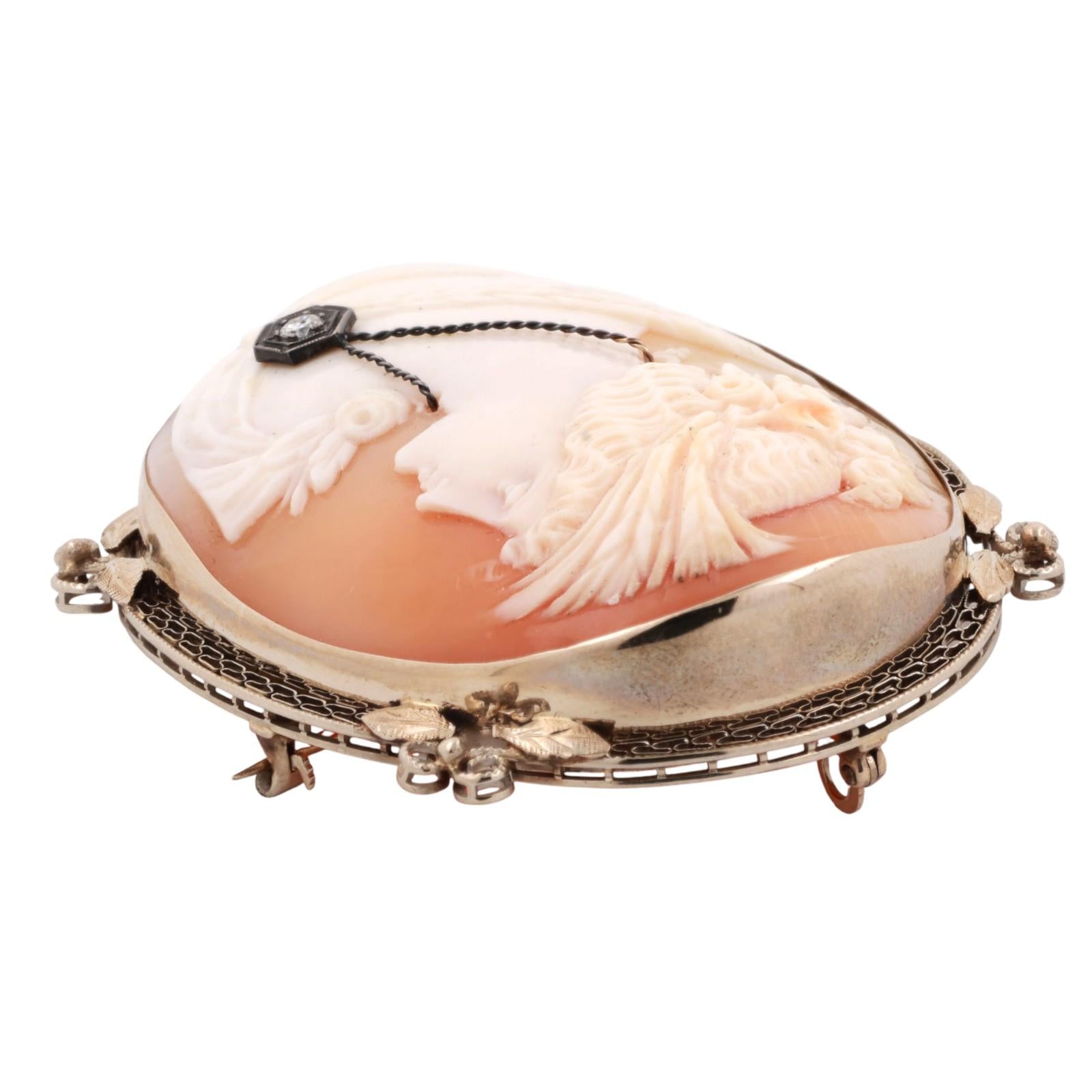 Vintage Cameo Brooch Pin 14K White Gold 0.10 CT Diamond Accent 2.40" Ladies