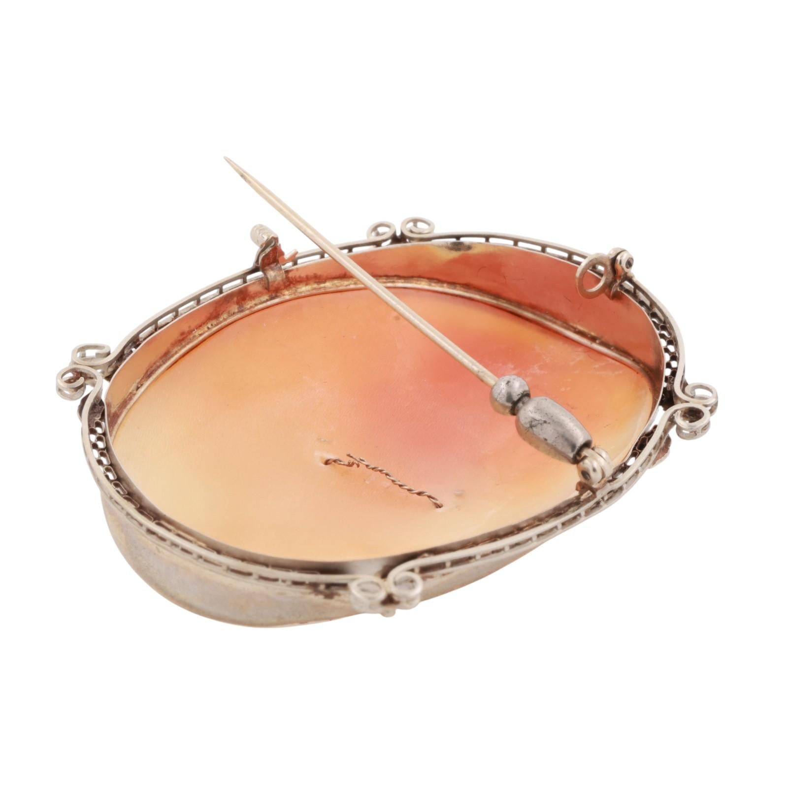 Vintage Cameo Brooch Pin 14K White Gold 0.10 CT Diamond Accent 2.40" Ladies