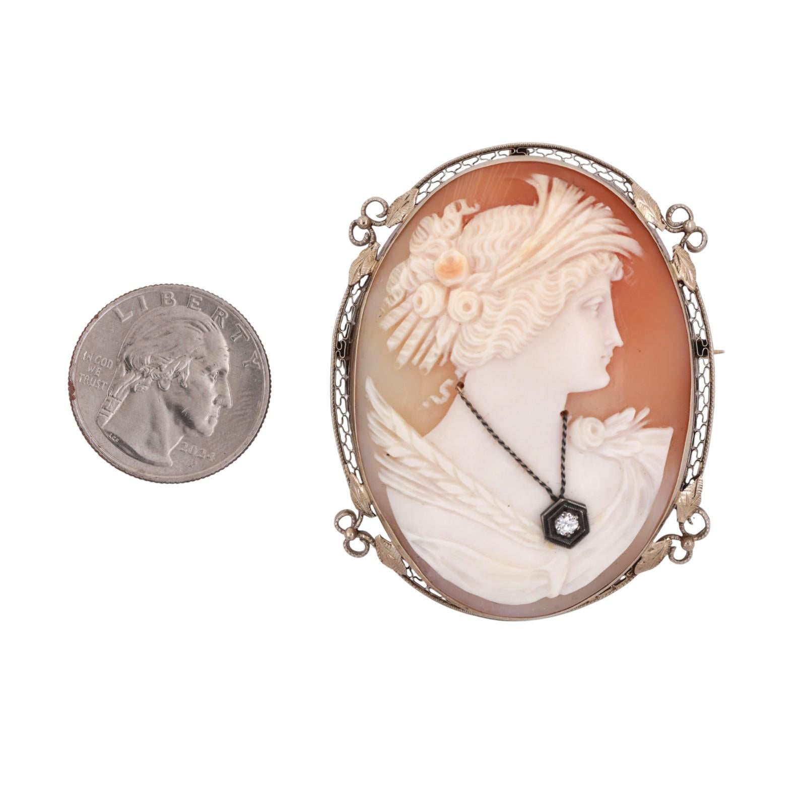 Vintage Cameo Brooch Pin 14K White Gold 0.10 CT Diamond Accent 2.40" Ladies