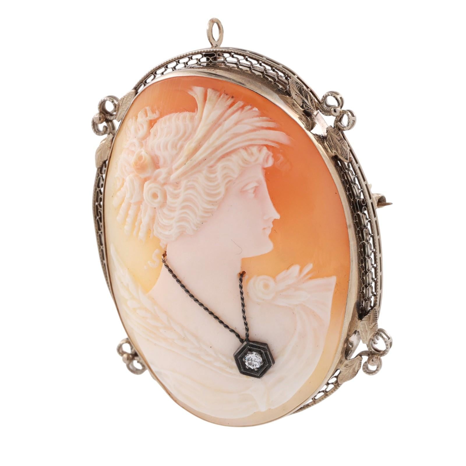 Vintage Cameo Brooch Pin 14K White Gold 0.10 CT Diamond Accent 2.40" Ladies