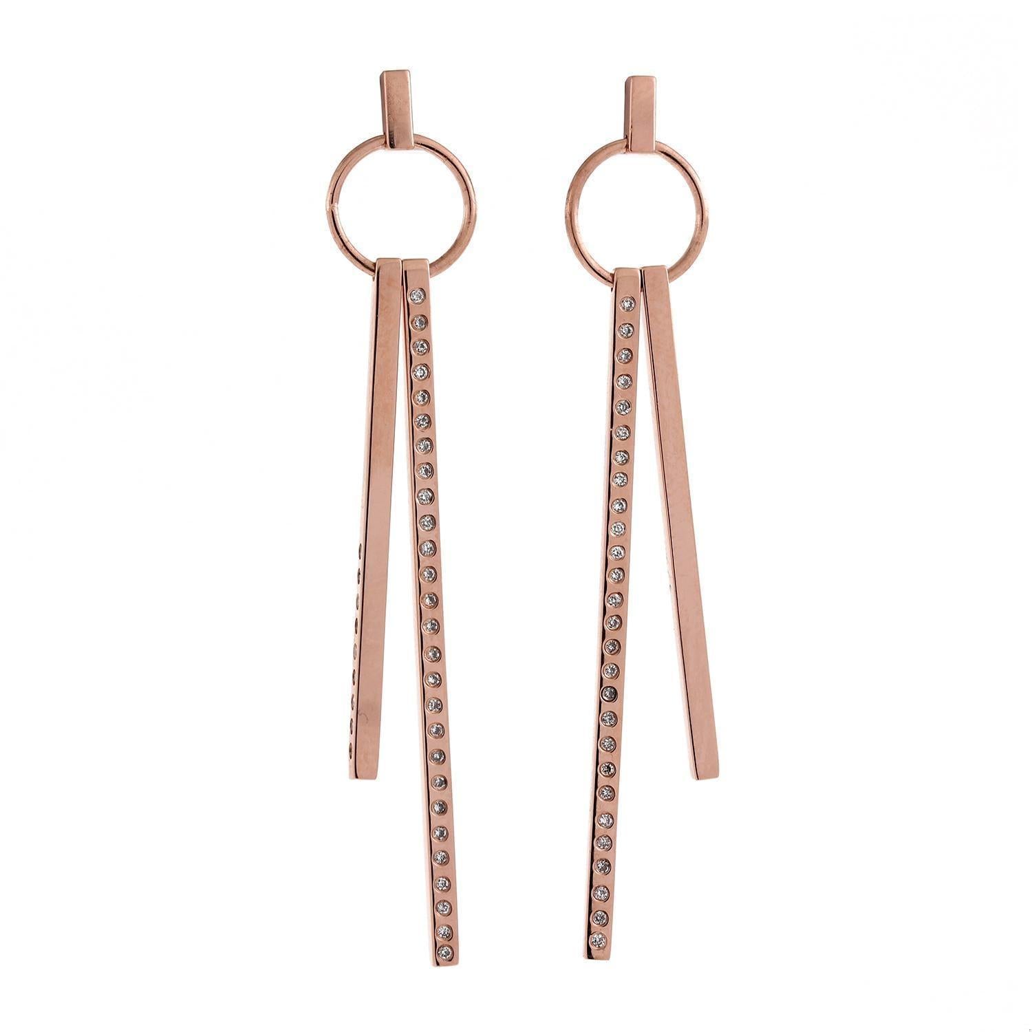 14K Rose Gold 2-Strand Diamond Drop Dangle Earrings 0.36 CTW 2.50" GAL Report