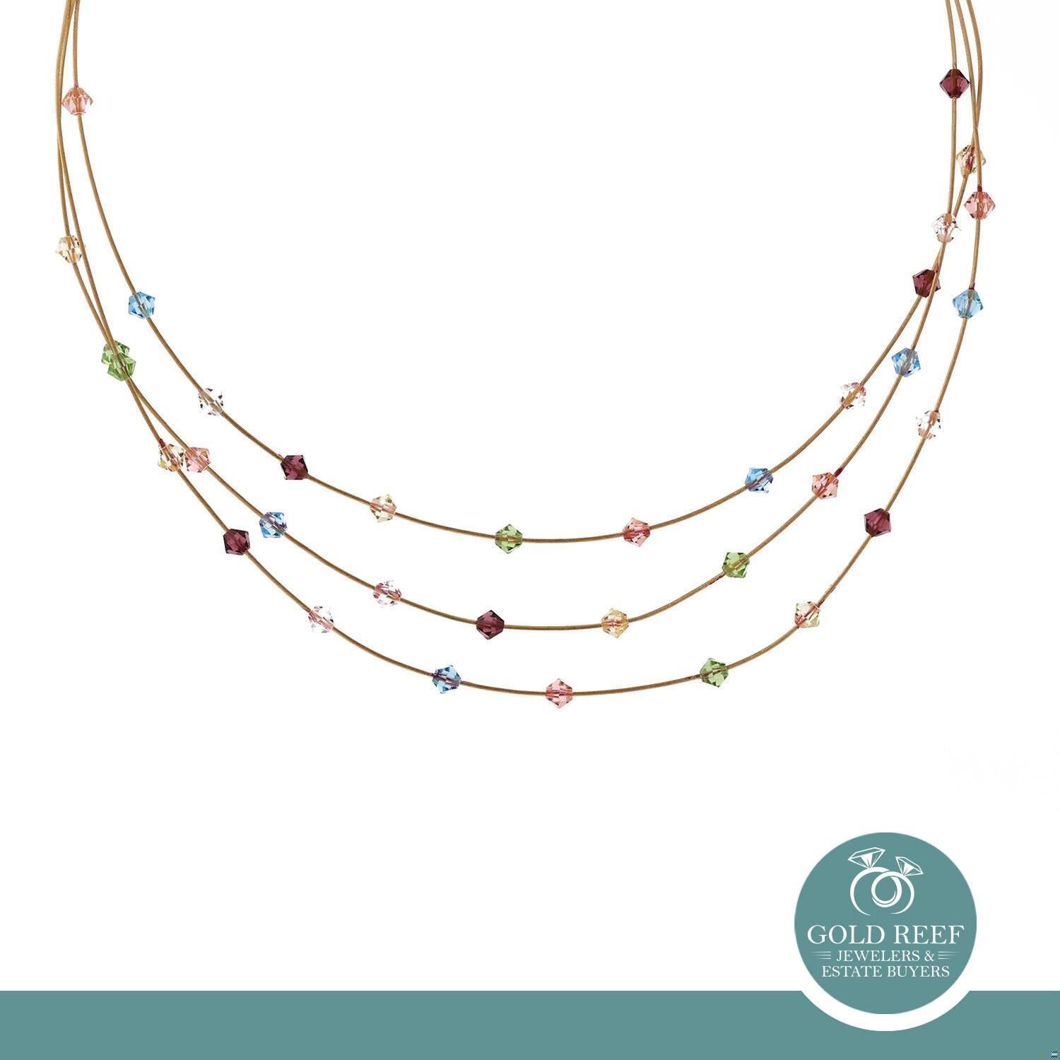 14K Yellow Gold 3-Strand Necklace Multi-Colored Glass Beads Italy 16-20"