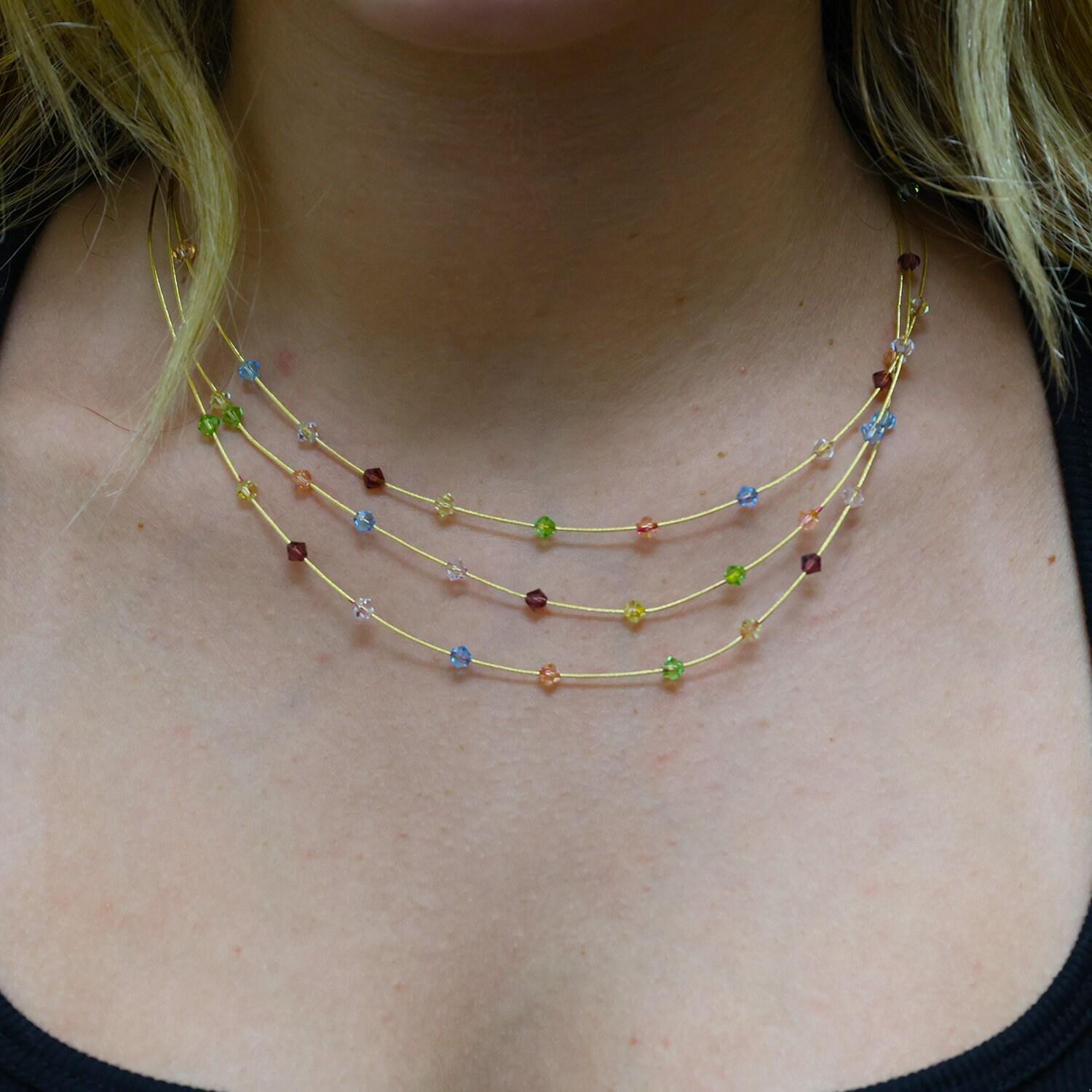 14K Yellow Gold 3-Strand Necklace Multi-Colored Glass Beads Italy 16-20"