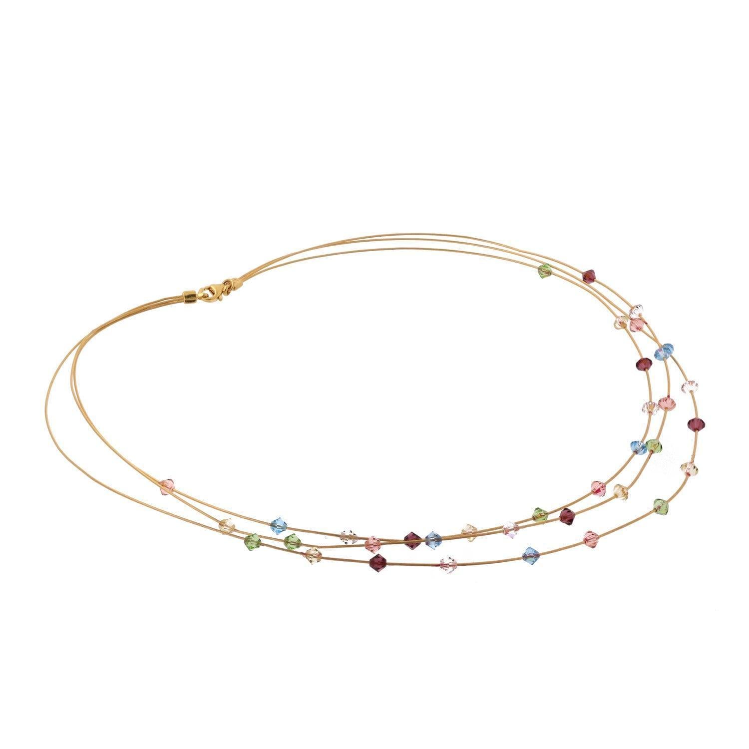 14K Yellow Gold 3-Strand Necklace Multi-Colored Glass Beads Italy 16-20"
