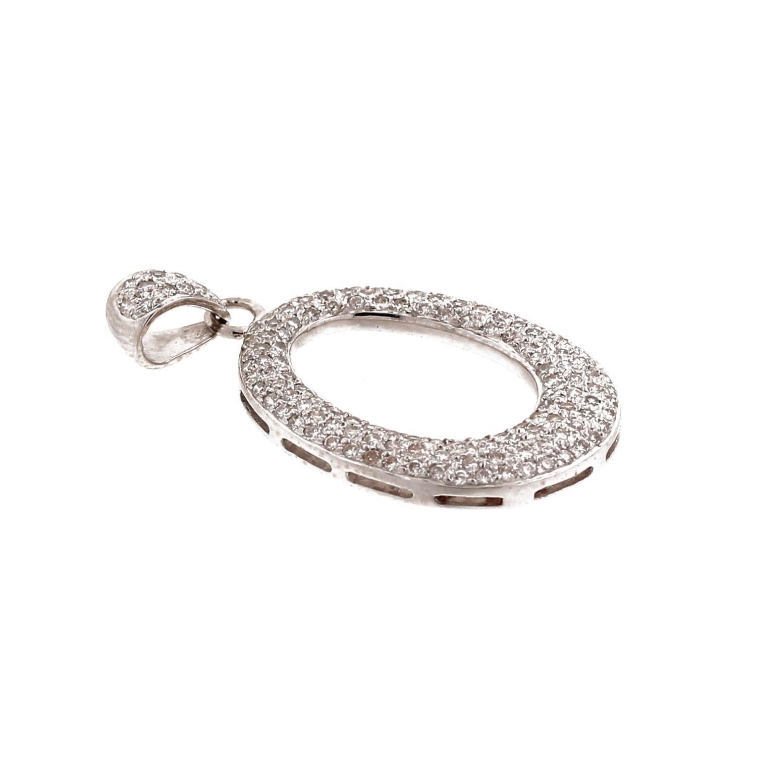 1.50TW Cluster Diamond Oval Pendant 18K White Gold Round Diamonds 1.40" Estate