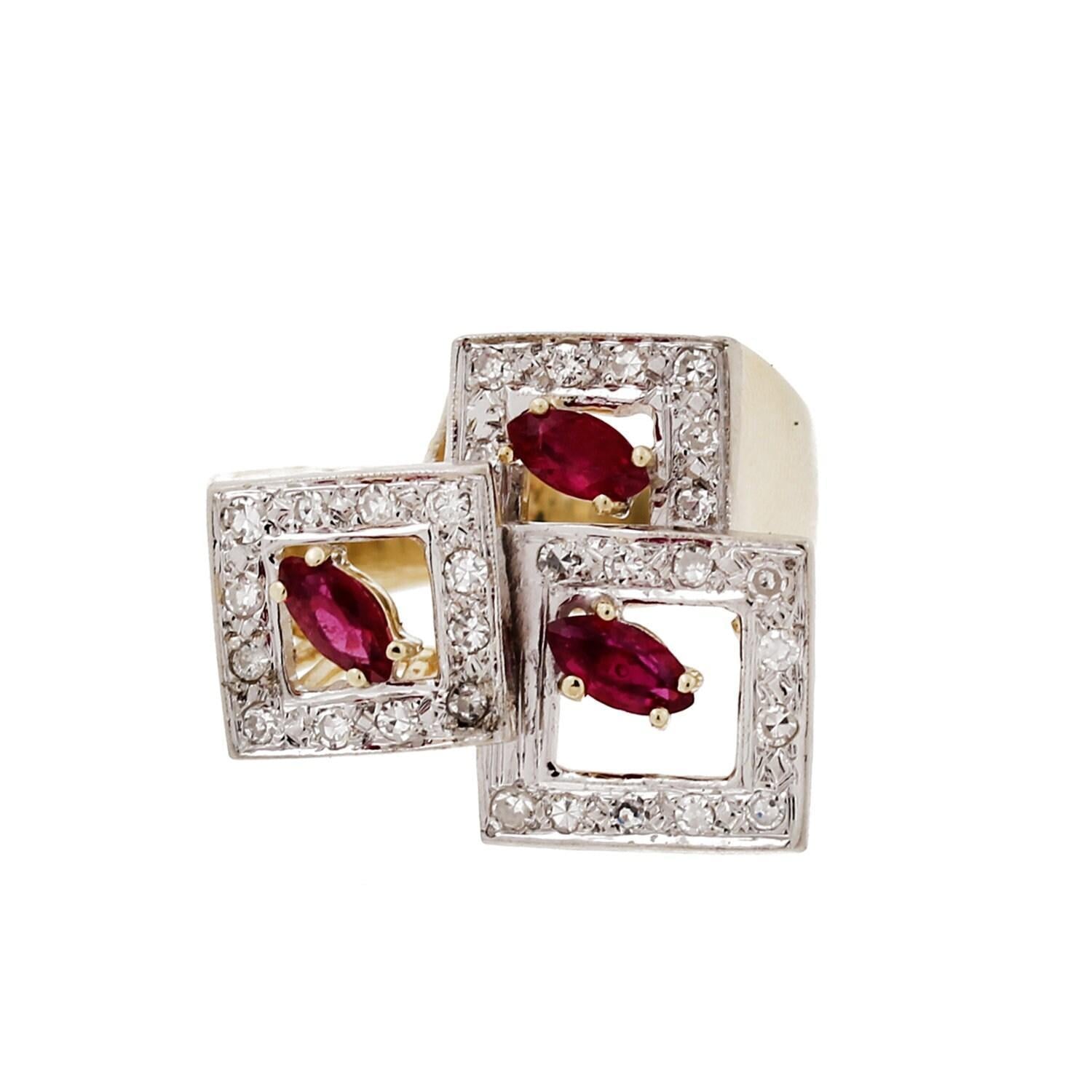 Ruby Diamond Statement Ring 2-Tone Gold 0.90 CTW Geometric Design Size 8 Estate