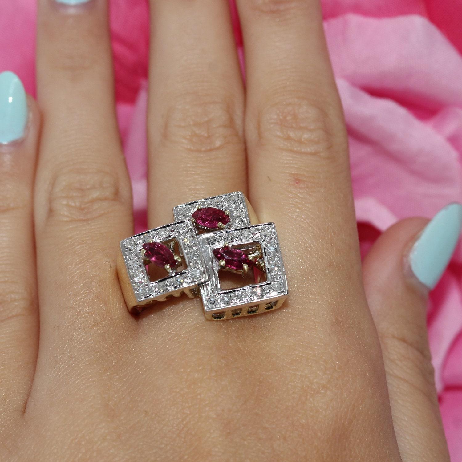 Ruby Diamond Statement Ring 2-Tone Gold 0.90 CTW Geometric Design Size 8 Estate