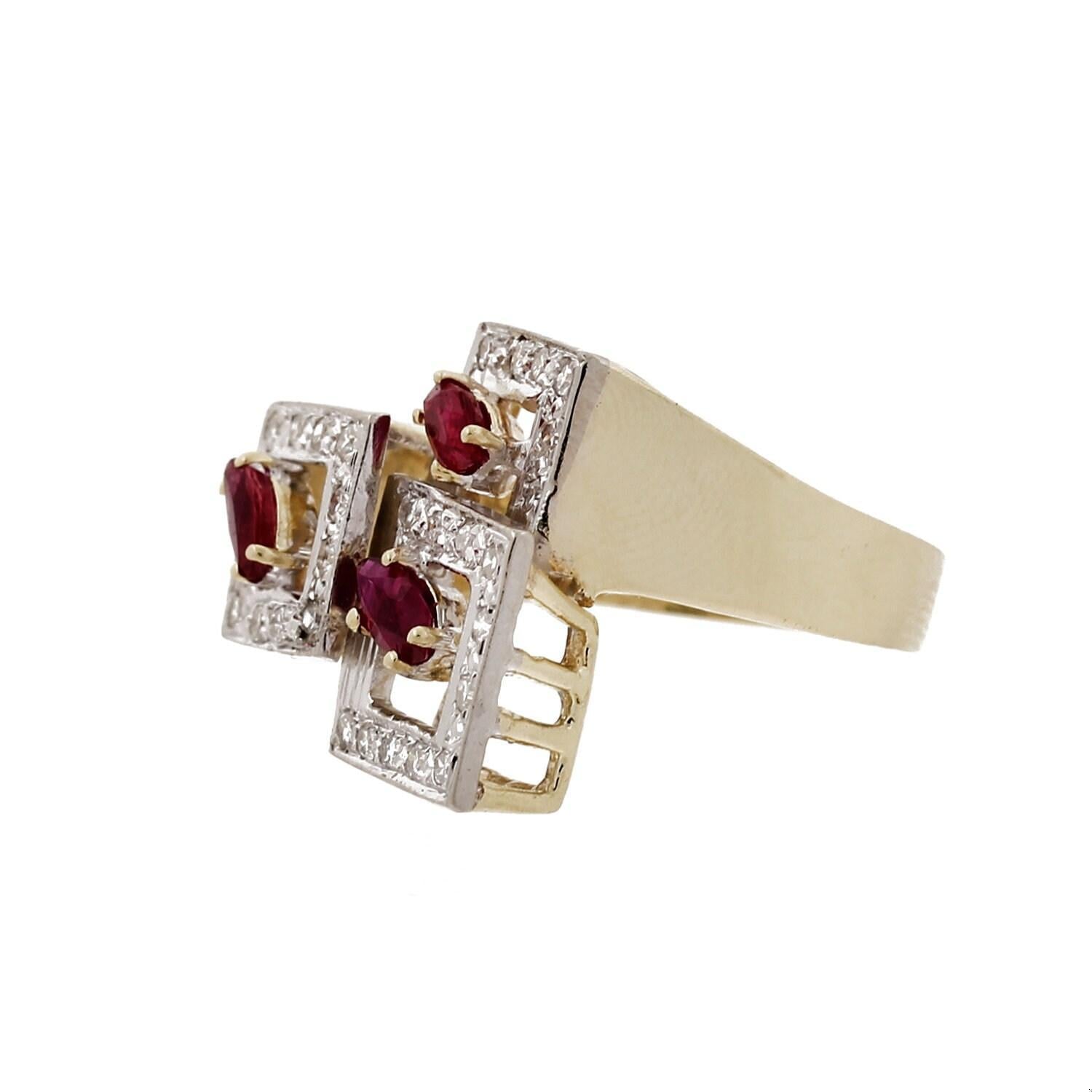Ruby Diamond Statement Ring 2-Tone Gold 0.90 CTW Geometric Design Size 8 Estate