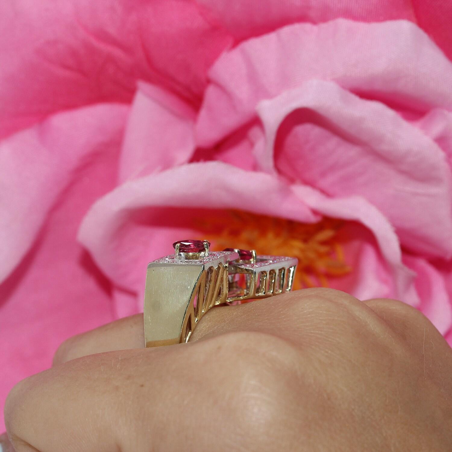 Ruby Diamond Statement Ring 2-Tone Gold 0.90 CTW Geometric Design Size 8 Estate
