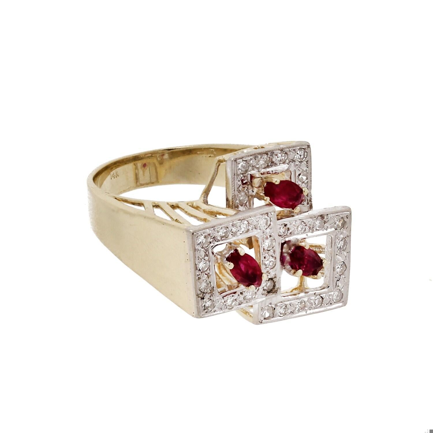 Ruby Diamond Statement Ring 2-Tone Gold 0.90 CTW Geometric Design Size 8 Estate