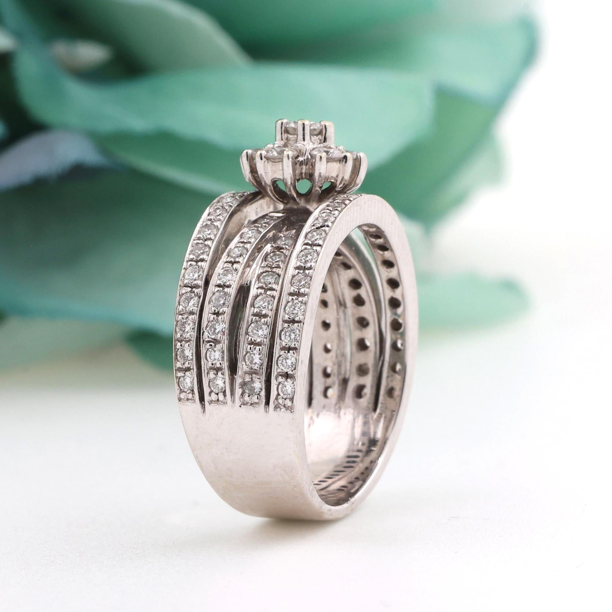 Pre-Owned Estate 1.65 TW Diamond Flower Crossover Wide Dress Ring 14K White Gold Size 6 Estate Pre-Owned Estate 1.65 TW Diamond Flower Crossover Wide Dress Ring 14K White Gold Size 6 Estate