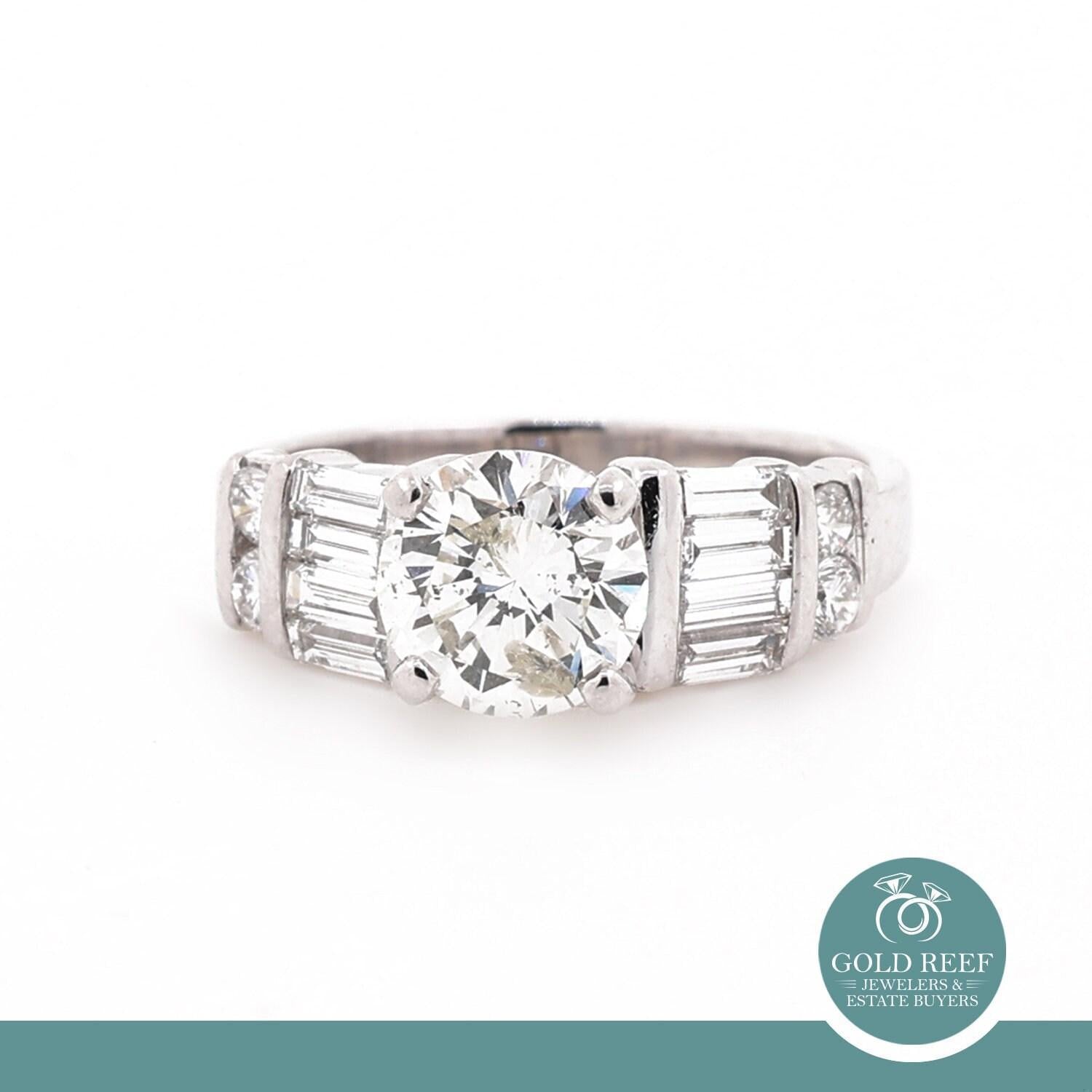 GIA Round Diamond Engagement Ring Platinum 18K Gold Baguette Round Acc Size 4.75