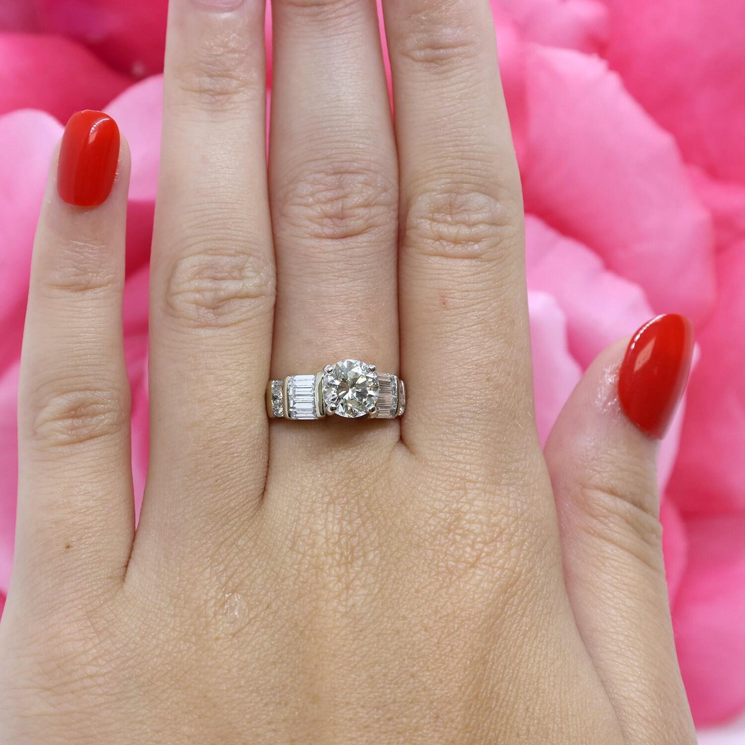 GIA Round Diamond Engagement Ring Platinum 18K Gold Baguette Round Acc Size 4.75