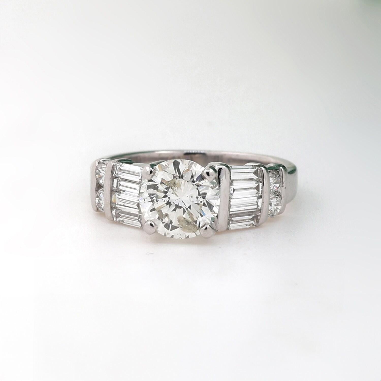 GIA Round Diamond Engagement Ring Platinum 18K Gold Baguette Round Acc Size 4.75