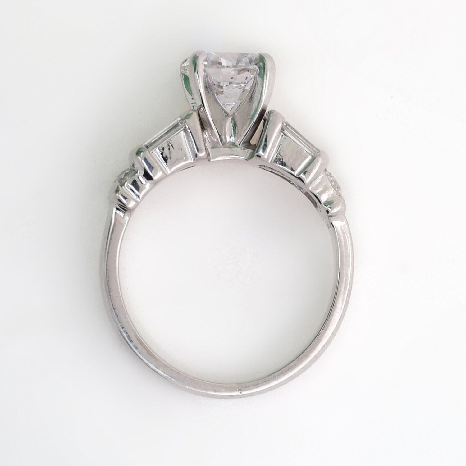 GIA Round Diamond Engagement Ring Platinum 18K Gold Baguette Round Acc Size 4.75
