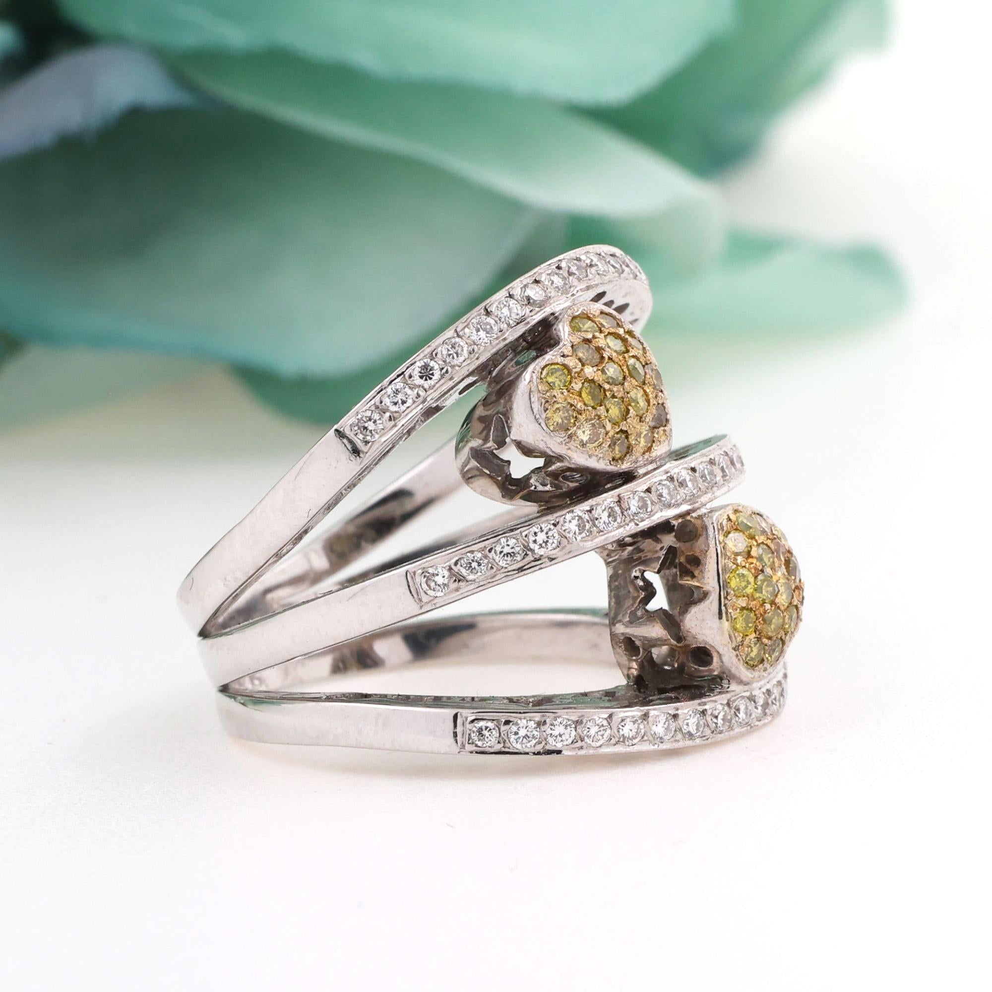 Cluster Yellow Diamond Heart Ring 14K White Gold 1.05 TW Wide Band Size 6.25