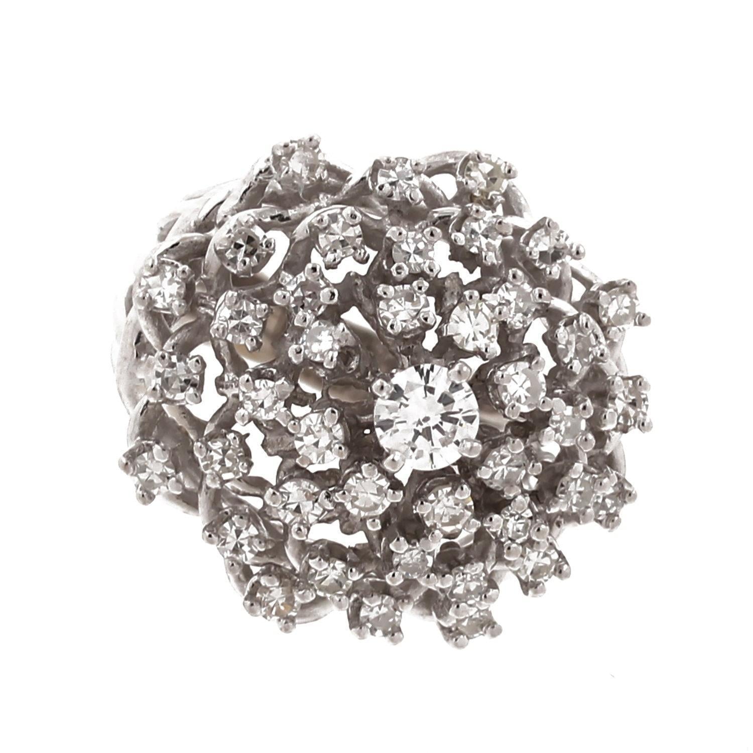 Cluster Diamond Dome Ring 14K White Gold 1.57 TW Flower Size 6 Ladies Estate