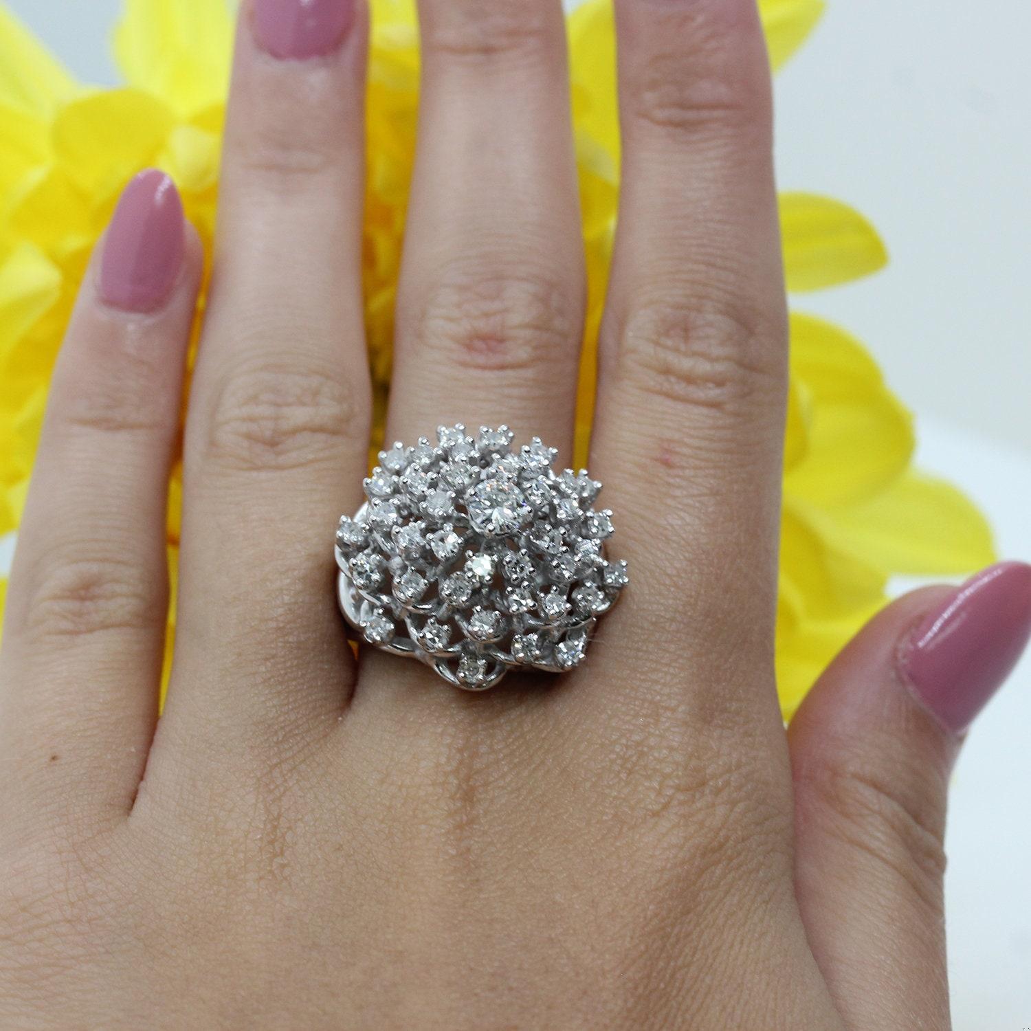 Cluster Diamond Dome Ring 14K White Gold 1.57 TW Flower Size 6 Ladies Estate