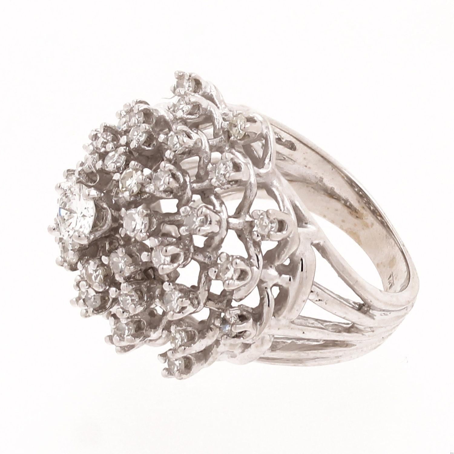 Cluster Diamond Dome Ring 14K White Gold 1.57 TW Flower Size 6 Ladies Estate