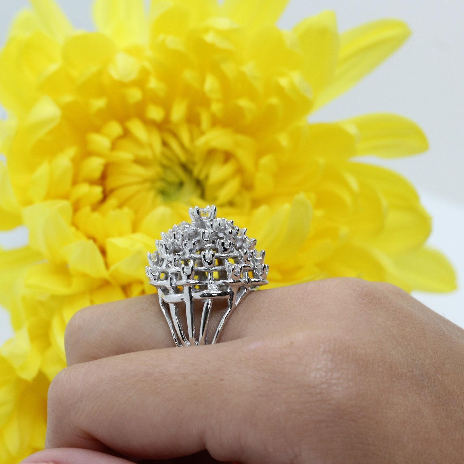 Cluster Diamond Dome Ring 14K White Gold 1.57 TW Flower Size 6 Ladies Estate