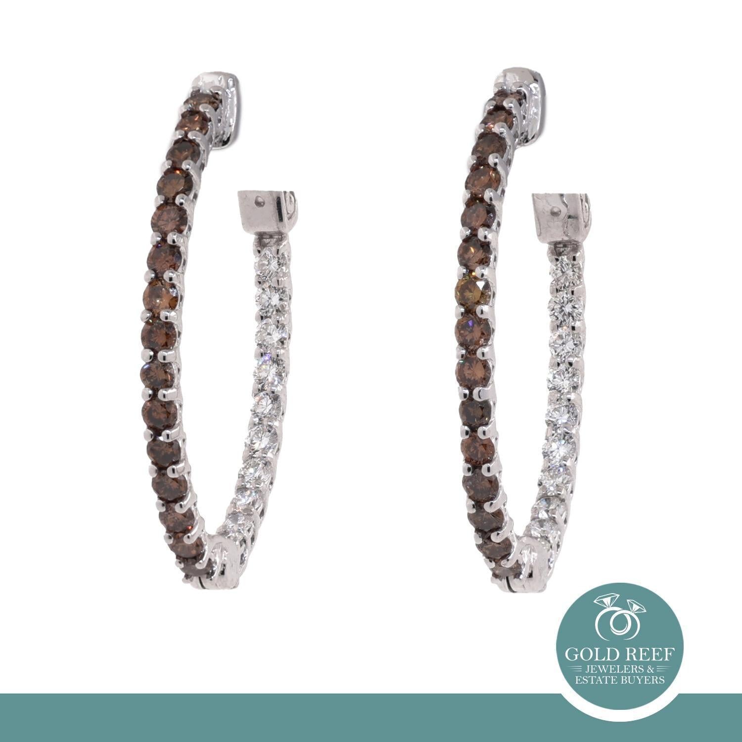 Inside Out Cognac White Diamond Oval Hoop Earrings 14K White Gold 1.60 TW 1.05"