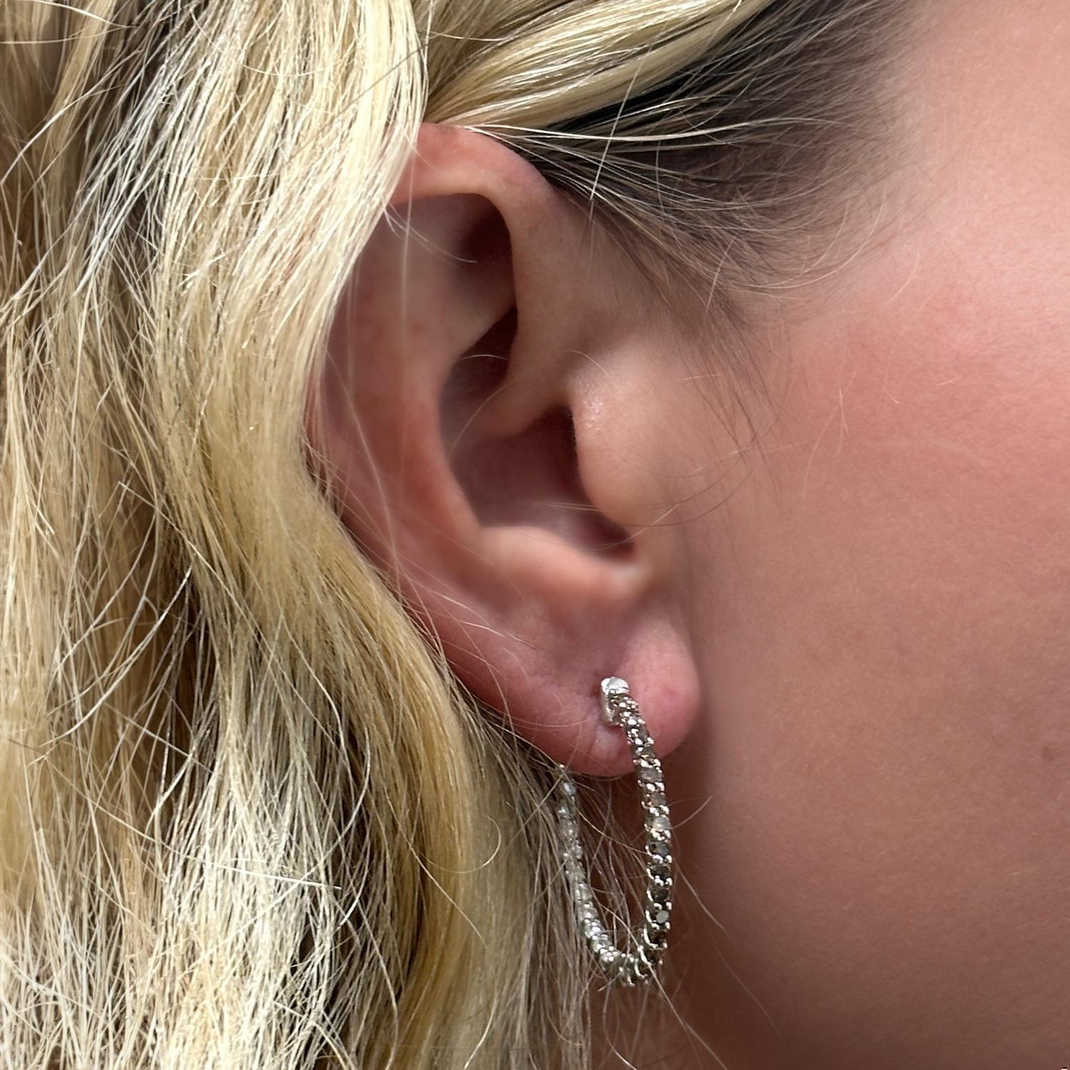 Inside Out Cognac White Diamond Oval Hoop Earrings 14K White Gold 1.60 TW 1.05"