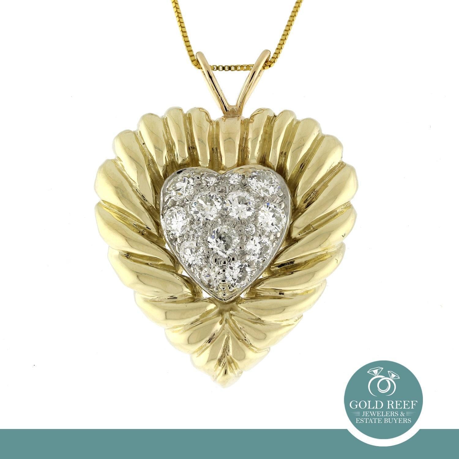 1.65 TW Old Euro Cut Diamonds Heart Pendant 14K 2-Tone Gold Platinum 1.25"