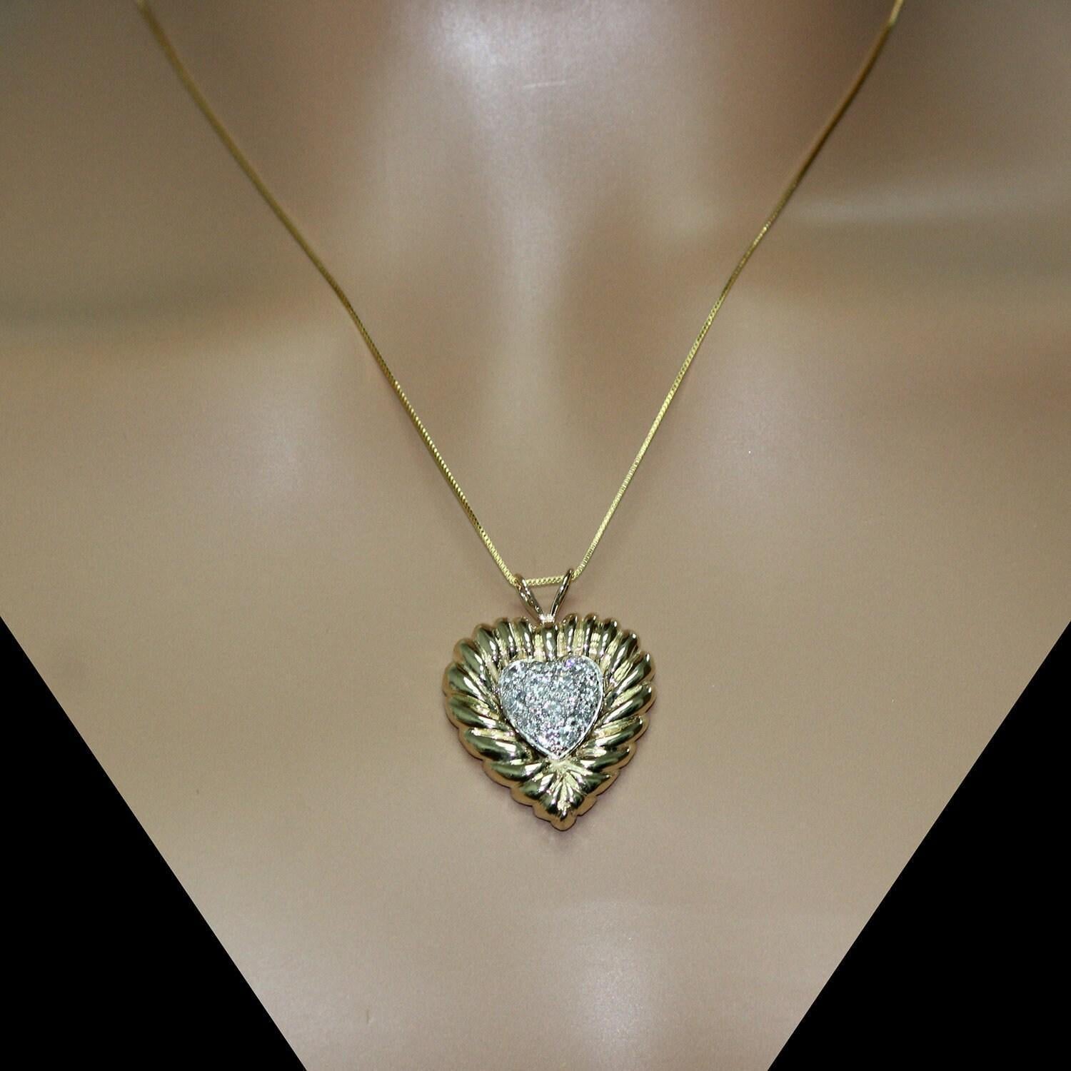 1.65 TW Old Euro Cut Diamonds Heart Pendant 14K 2-Tone Gold Platinum 1.25"