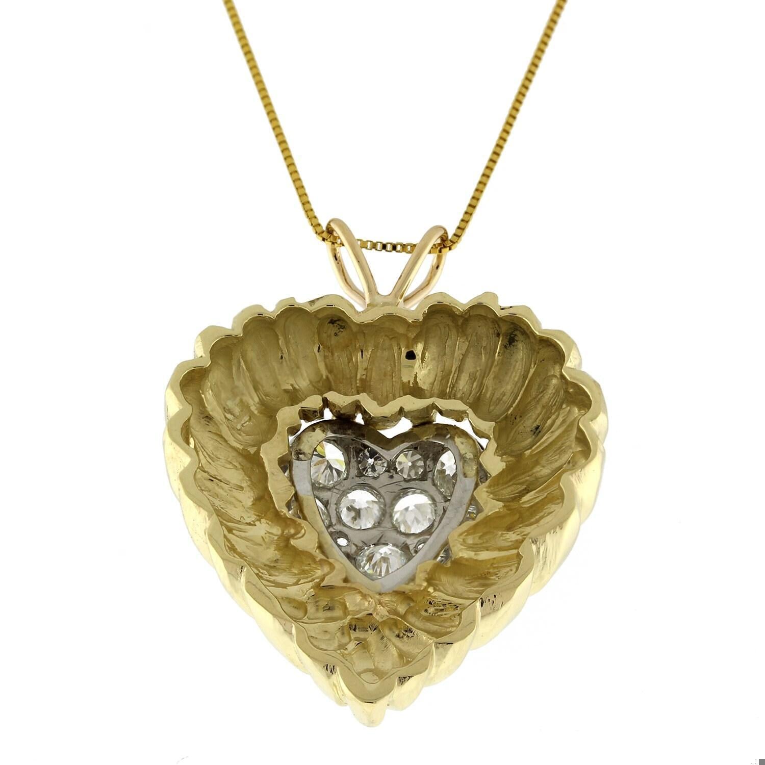 1.65 TW Old Euro Cut Diamonds Heart Pendant 14K 2-Tone Gold Platinum 1.25"