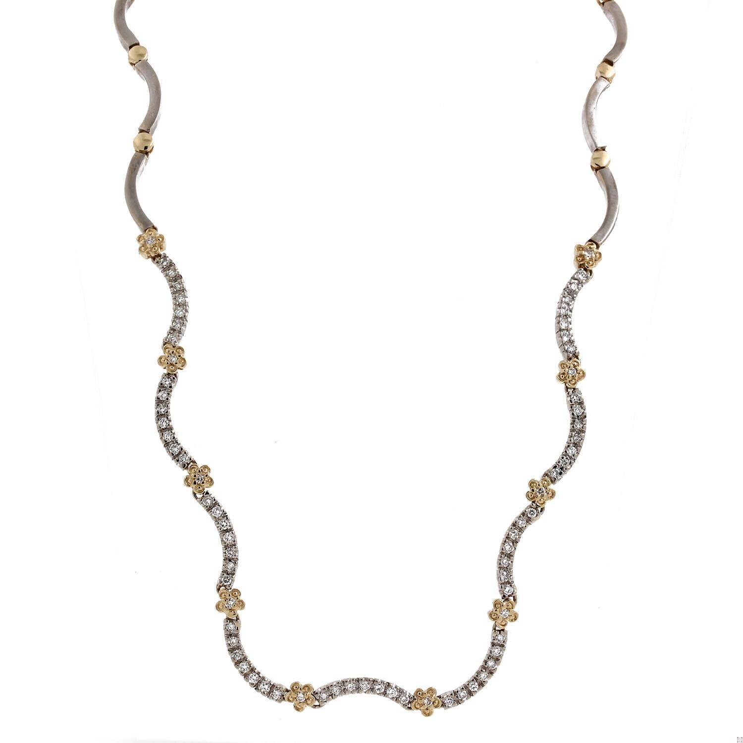 1.85CTW Diamond Swirl Flower Station Necklace 14K Two-Tone Gold 1.85 CTW 19"