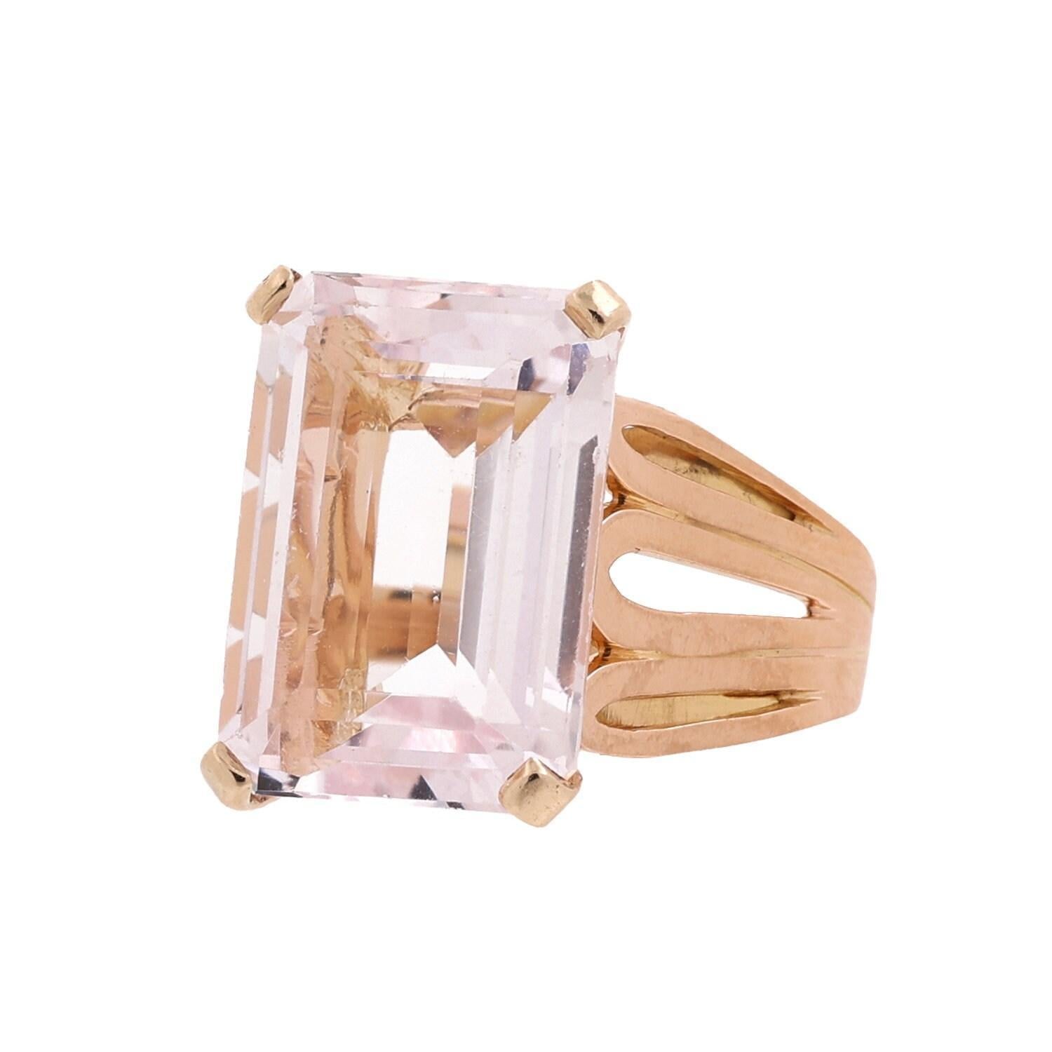 15 CT Morganite Statement Ring 18K Yellow Gold Emerald Cut Gemstone Size 7