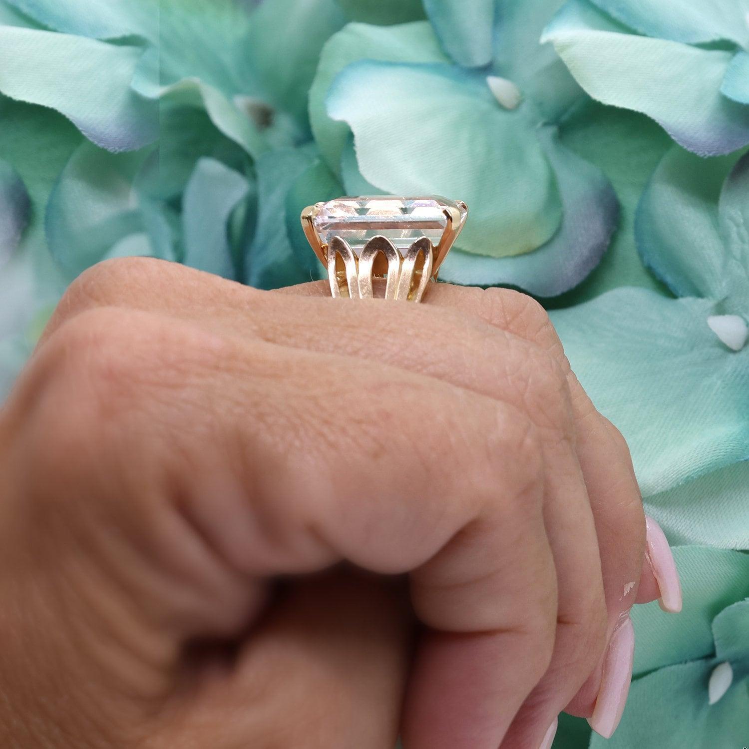 15 CT Morganite Statement Ring 18K Yellow Gold Emerald Cut Gemstone Size 7