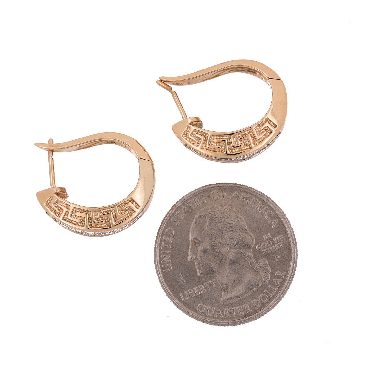 Diamond Greek Key Huggie Hoop Earrings 14K Yellow Gold 1.80 TW Princess Cut