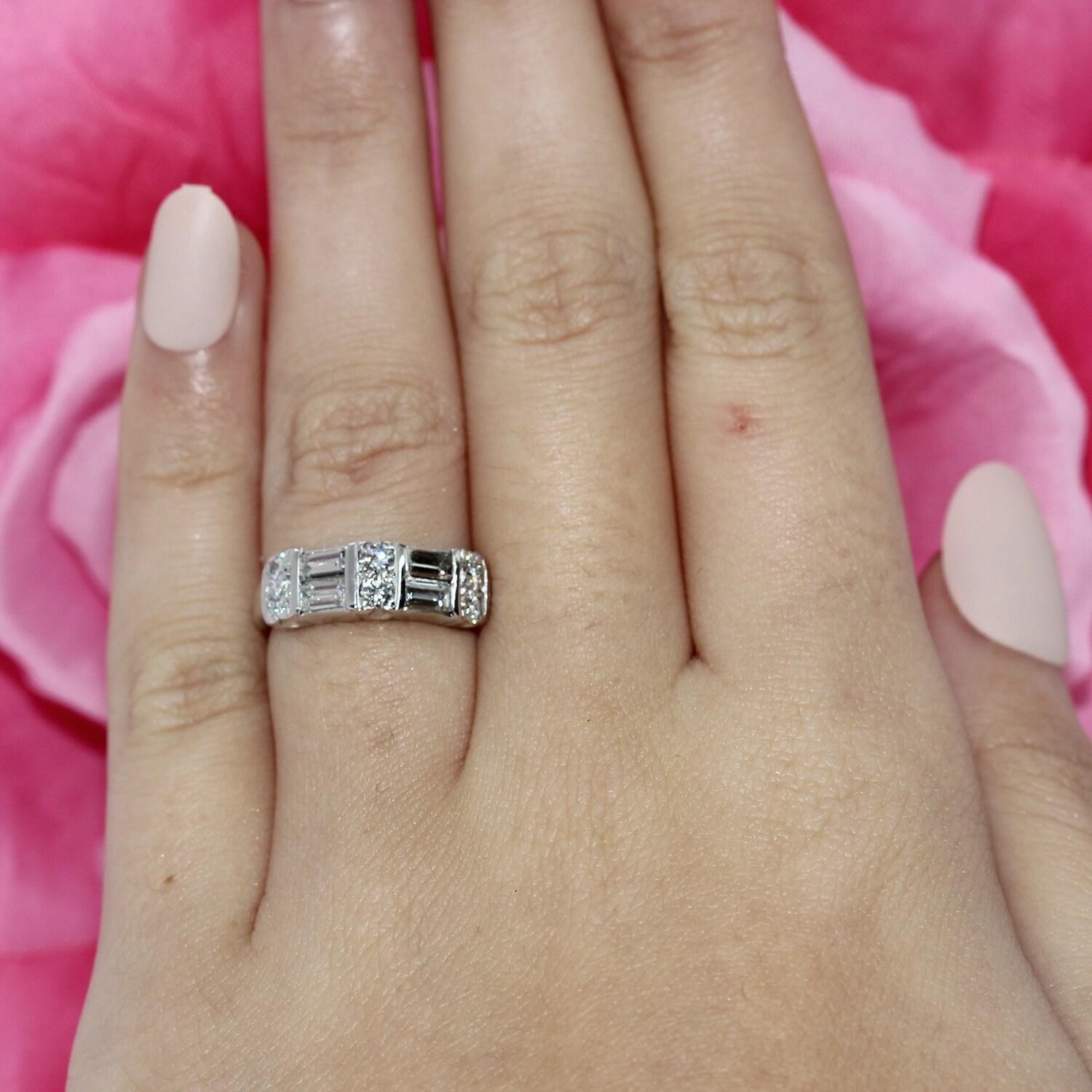 2-Row Baguette Round Diamond Half Eternity Band Ring 14K White Gold 0.80 TW SZ 3