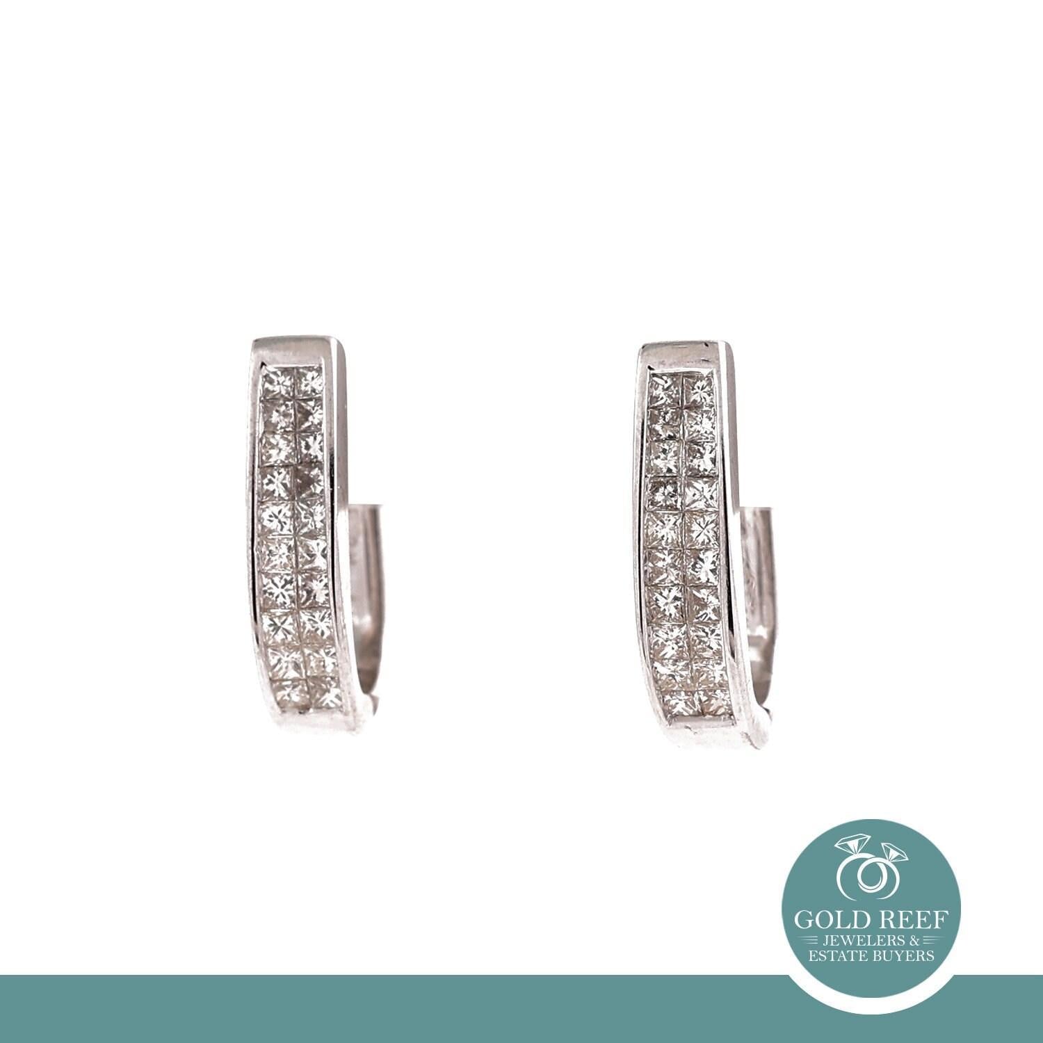 2-Row Princess Cut Diamond Oval Hoop Earrings 14K White Gold 1.50 TW 0.60"