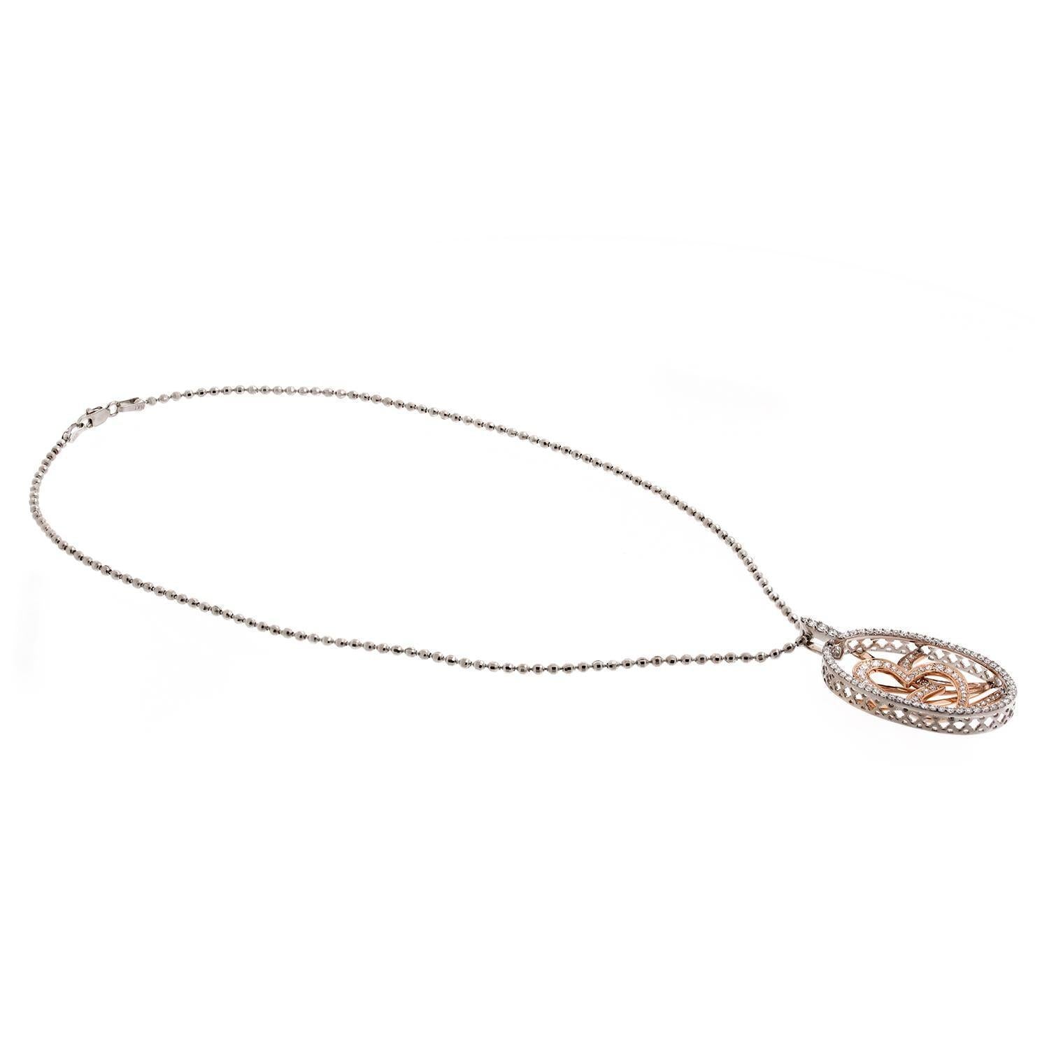 2.25 TW Open Heart Diamond Pendant Necklace 14K Rose White Gold Ball Chain 15"