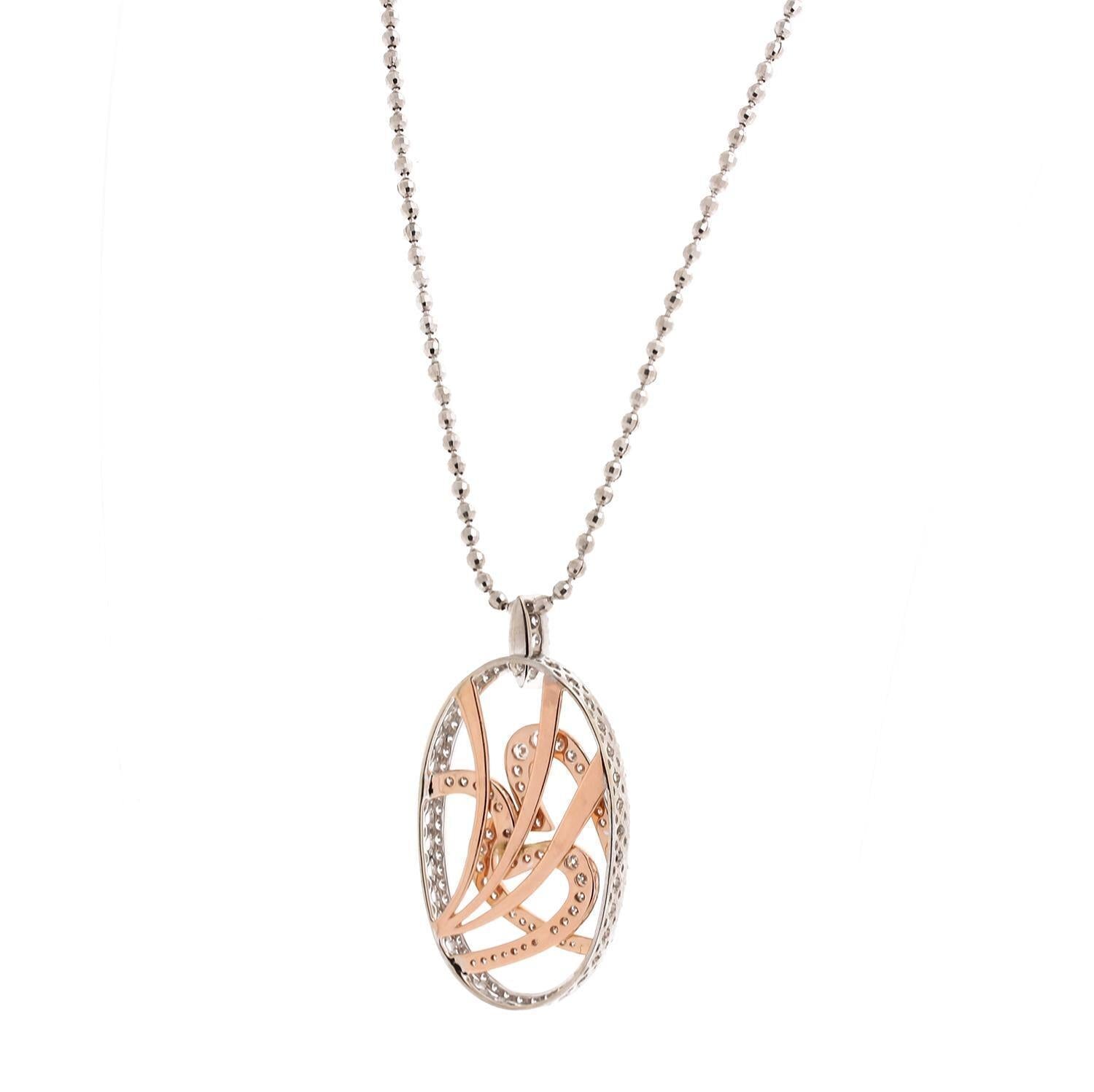 2.25 TW Open Heart Diamond Pendant Necklace 14K Rose White Gold Ball Chain 15"