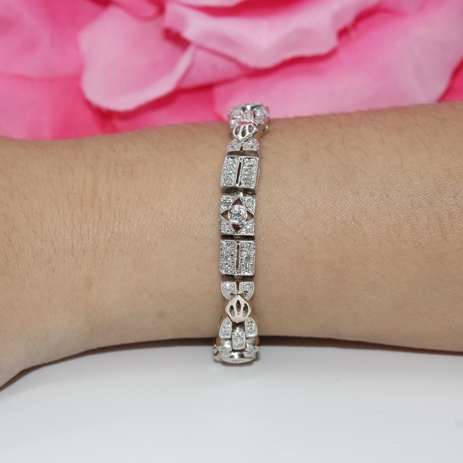 Art Deco 2.50 TW Diamond Filigree Bracelet 18K White Gold Ladies Estate 6.75"