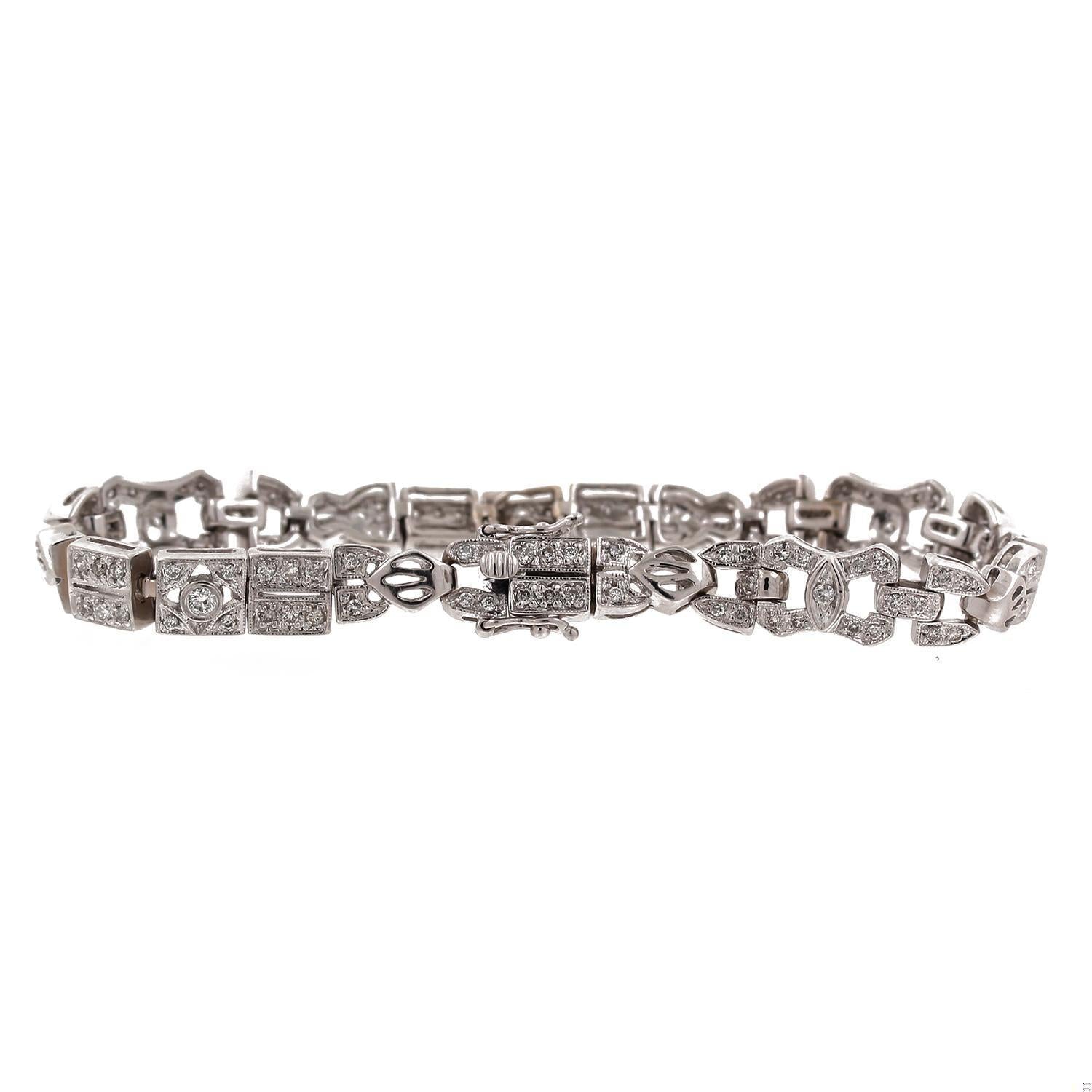 Art Deco 2.50 TW Diamond Filigree Bracelet 18K White Gold Ladies Estate 6.75"