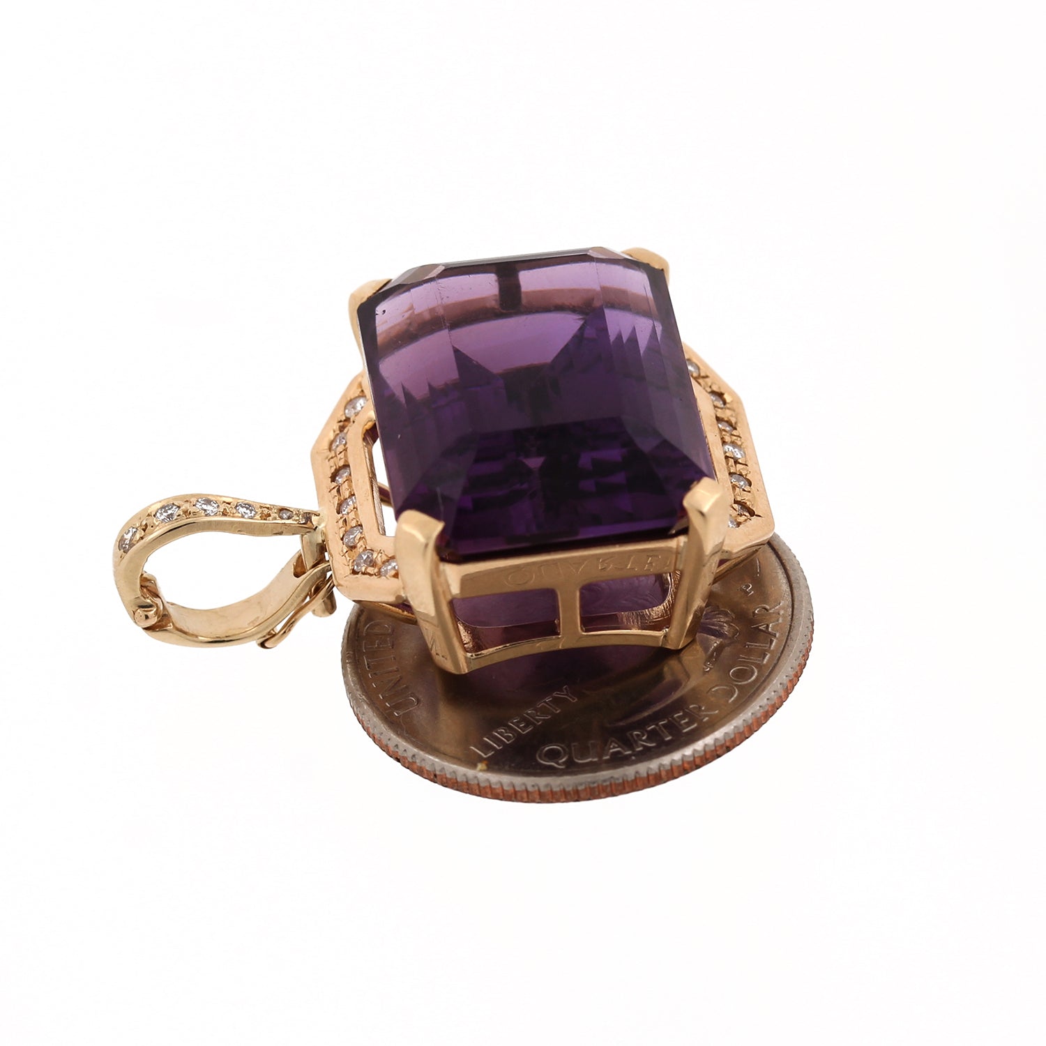 Vintage Amethyst Diamond Pendant Charm 14K Yellow Gold Emerald Shape 1.25"