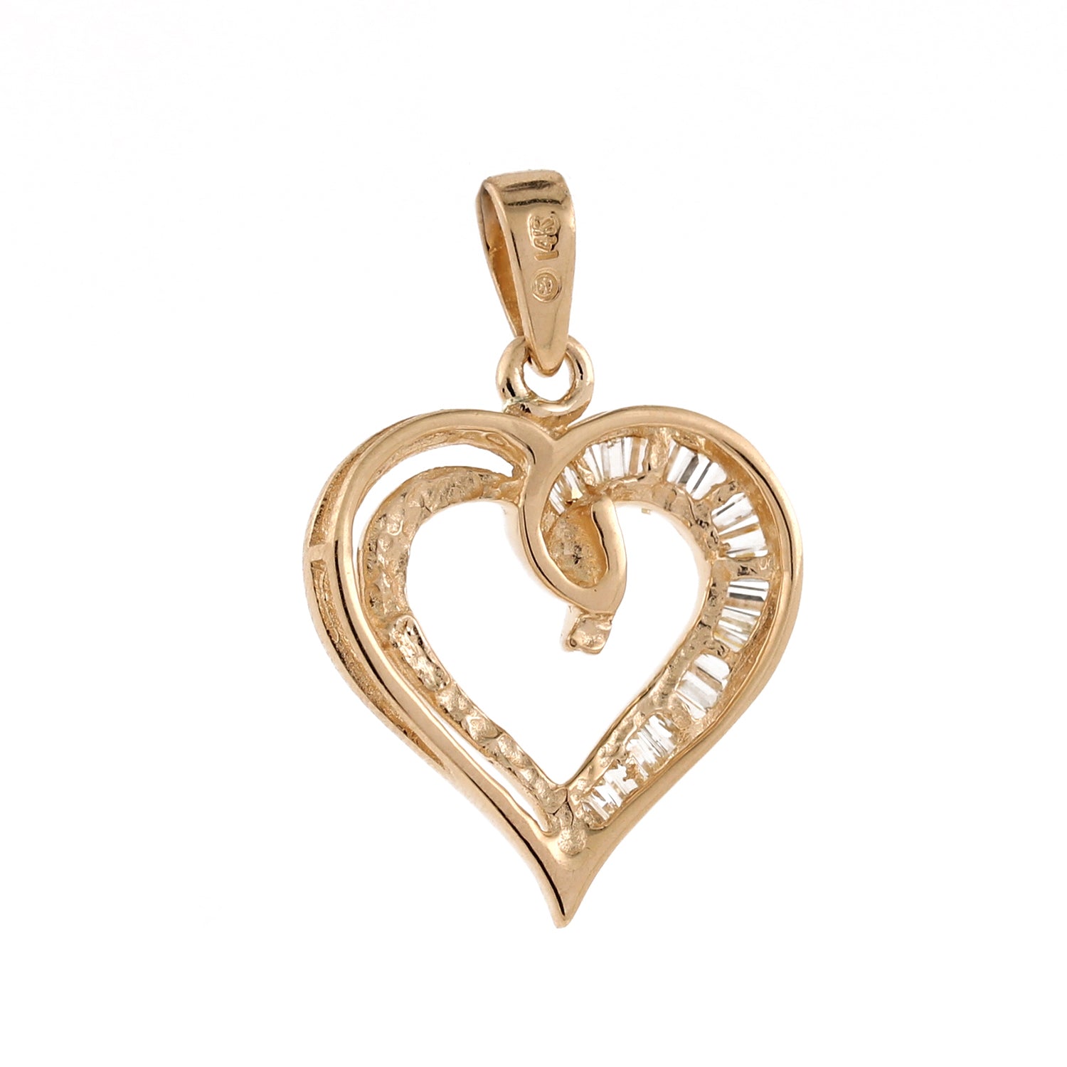 Open Heart Diamond Pendant Charm 14K Yellow Gold 0.50 TW Baguette Diamonds 1.15"