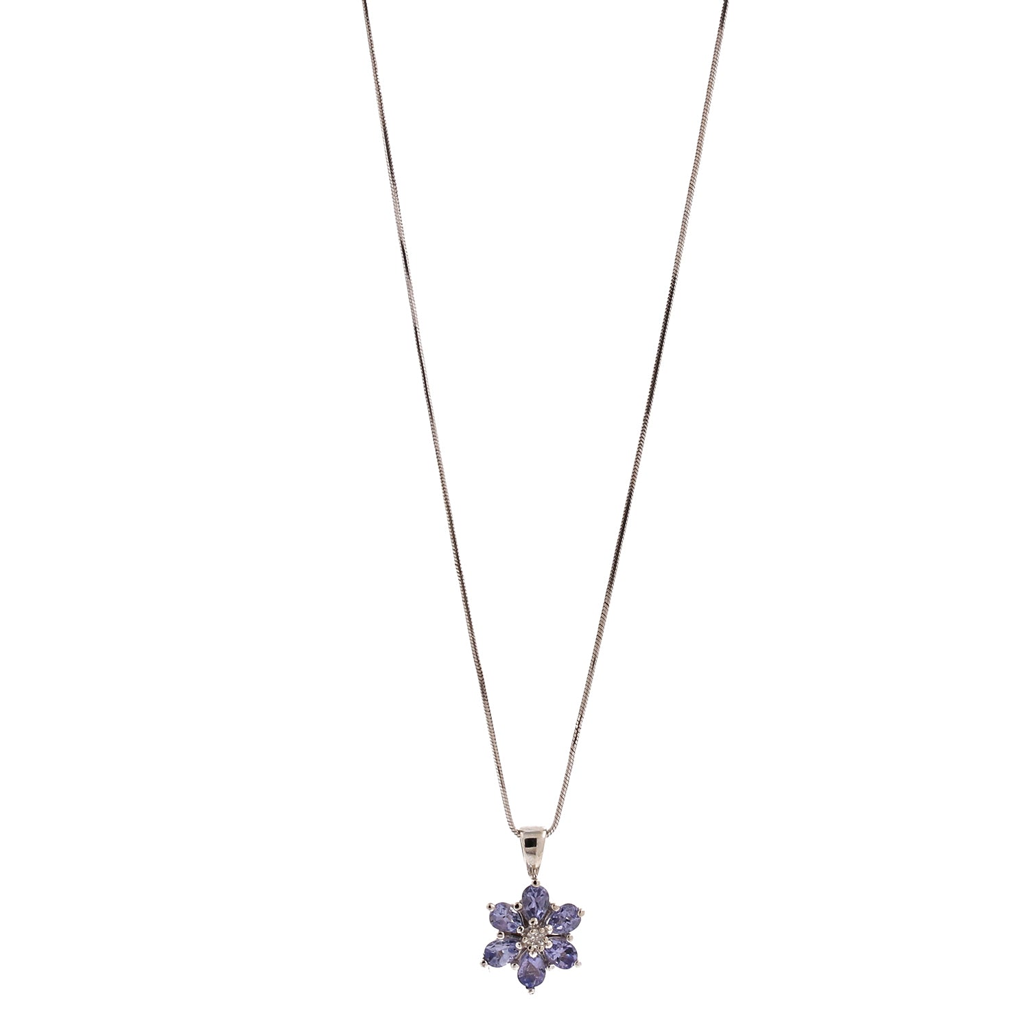 Tanzanite Diamond Flower Pendant Snake Chain Necklace 14K White Gold 18.75"