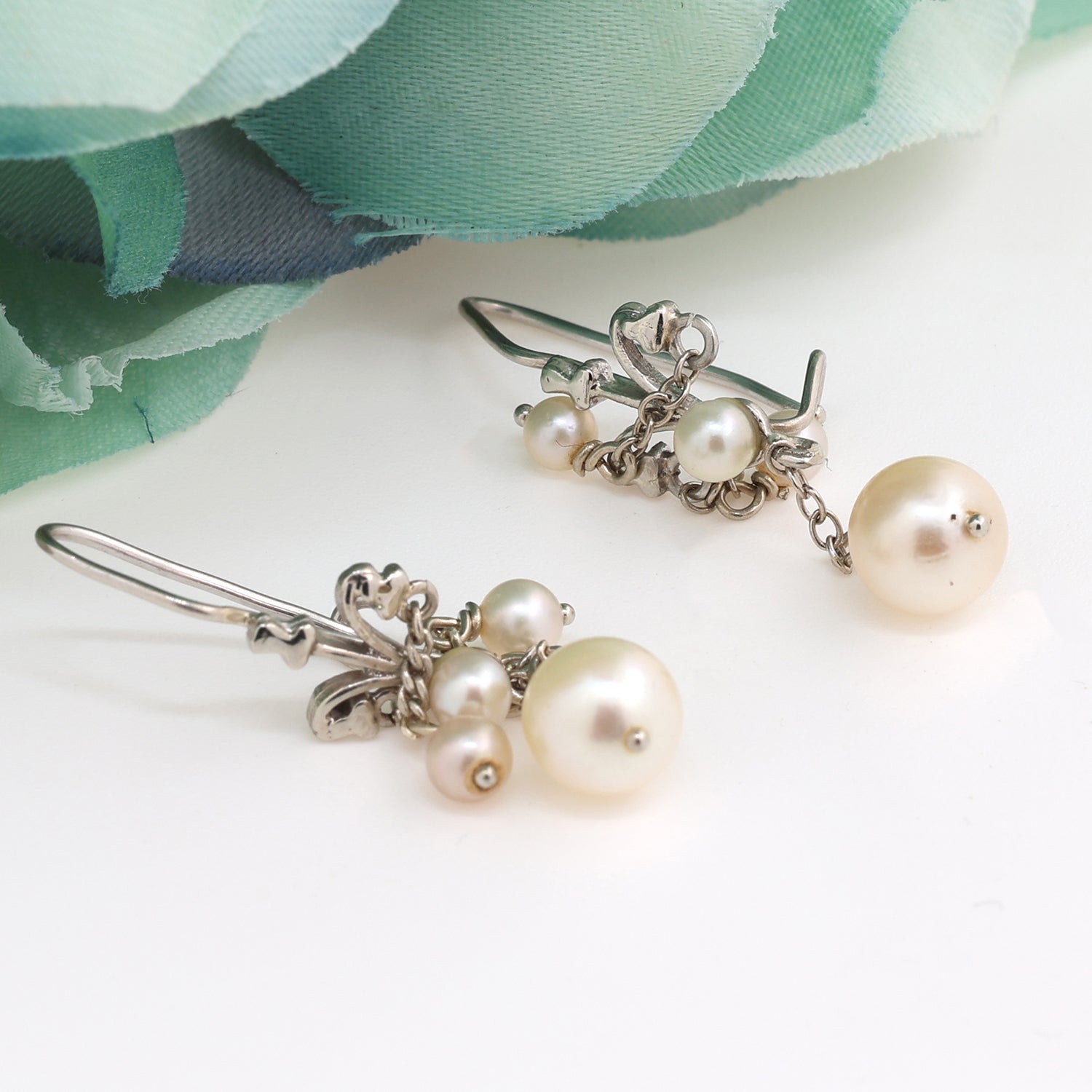 Vintage Freshwater Pearl 3-Strand Drop Dangle Earrings 14K White Gold 1.50"